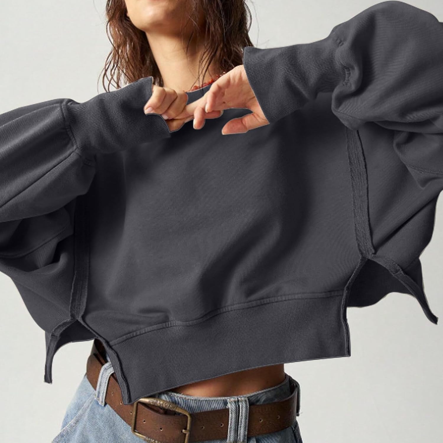 EGUGYDW Womens Crewneck Sweatshirts Cropped Long Sleeve Side Slit Loose Fit Teen Girls 2025 Fall Crop Pullover Tops - Image 4