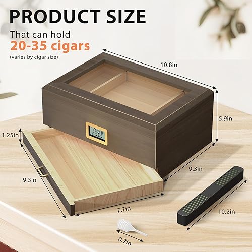 Miniatura 2 de LP Humidor de puros, humidificador de escritorio con tapa de cristal, caja de almacenamiento para 20-50 puros con higrómetro digital, humidificador,