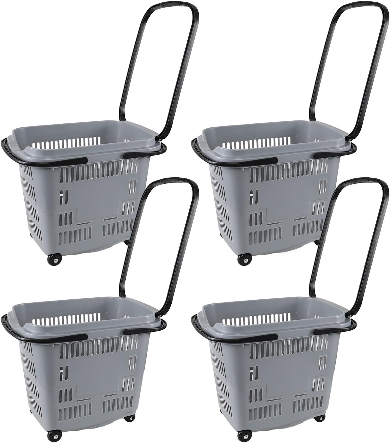 Kekow 50 L Large Plastic Shopping Basket with Wheels, 4 Pack Plastic Rolling Shopping Basket with Wheels and Handle, Gray