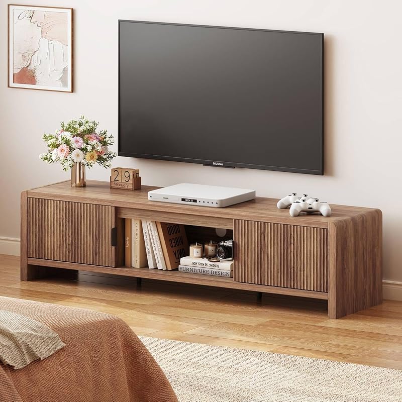 FATORRI TV Stand for 75/65/55 Inch TVs, Farmhouse Entertainment Center with Storage, Wood Waveform Fluted-Door Television Media Console for Living Room,Bedroom (63" W, Walnut) image 6