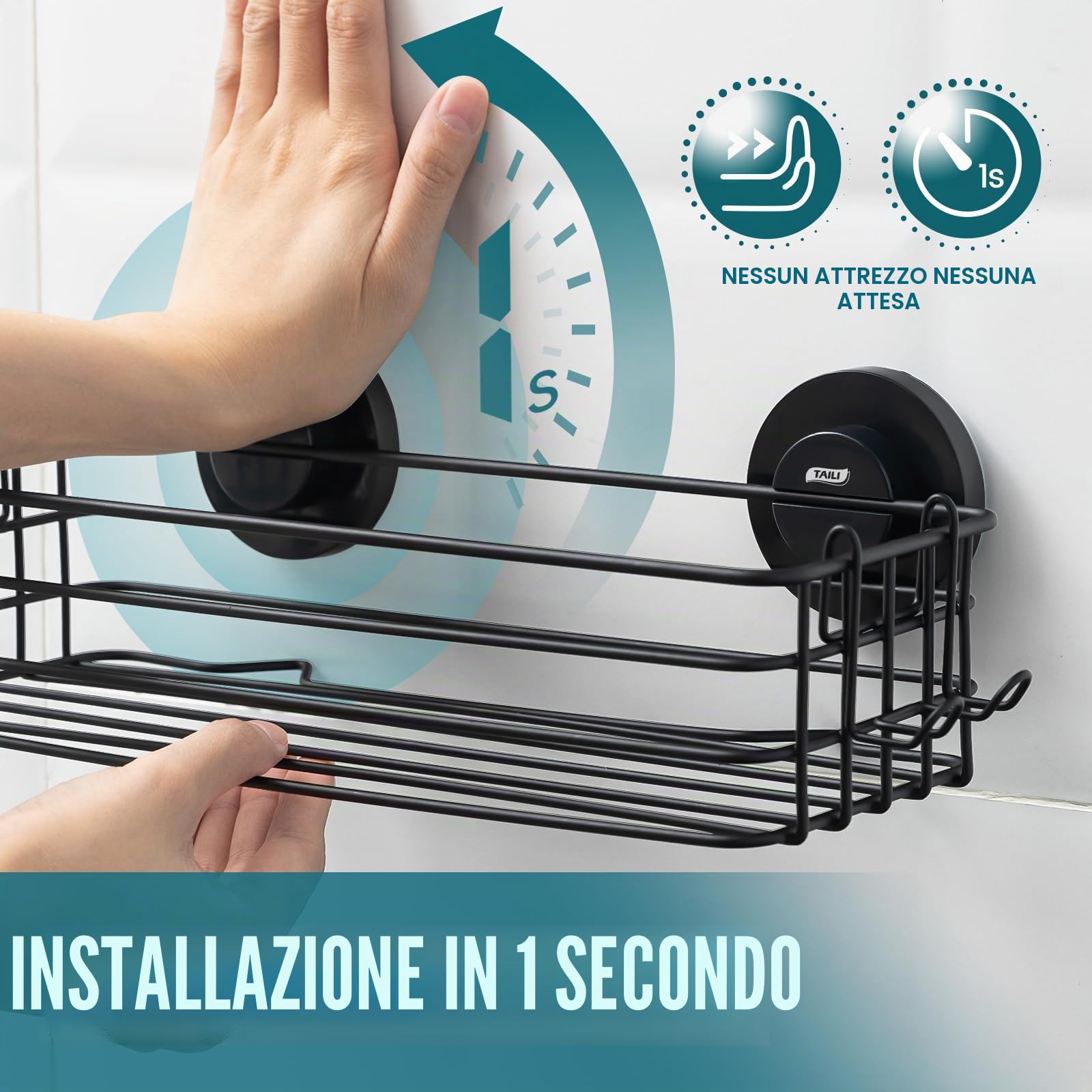 TAILI Mensola Doccia con Ventose Senza Foratura per Bagno Mensola, Nero