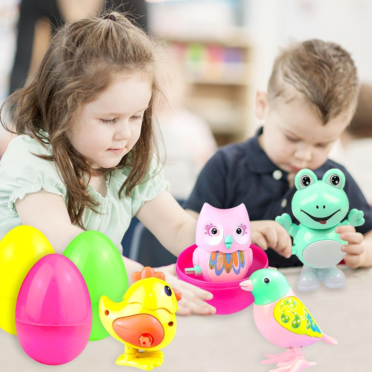 Plastic Easter Eggs Easter Basket Stuffers Filled 4 Pack Colorful Large Eggs with Plastic Wind Up Animals Inside, Easter Toys Easter Gifts For Toddlers Girls Kids Easter Basket Fillers