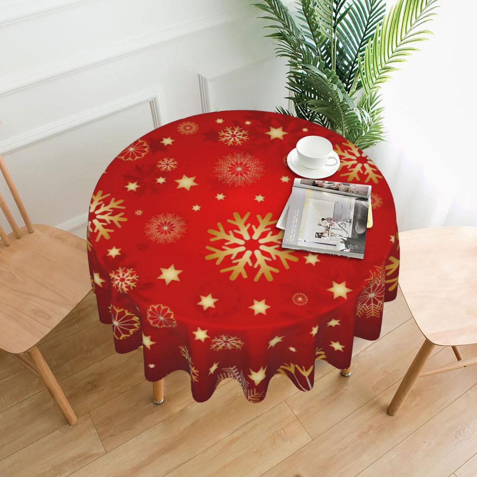 SDEGTHO red background golden snow Print Modern Retro Round Tablecloth 60in Polyester Fabric Cover for Party Dining Table Washable
