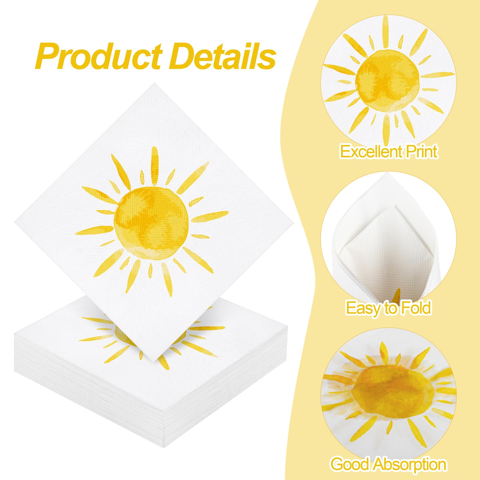 Aodaer Lot de 48 serviettes jetables en papier pour décoration d'anniversaire, cocktail, dîner, 33 x 33 cm, serviettes de table dépliées pour fête d'anniversaire au soleil