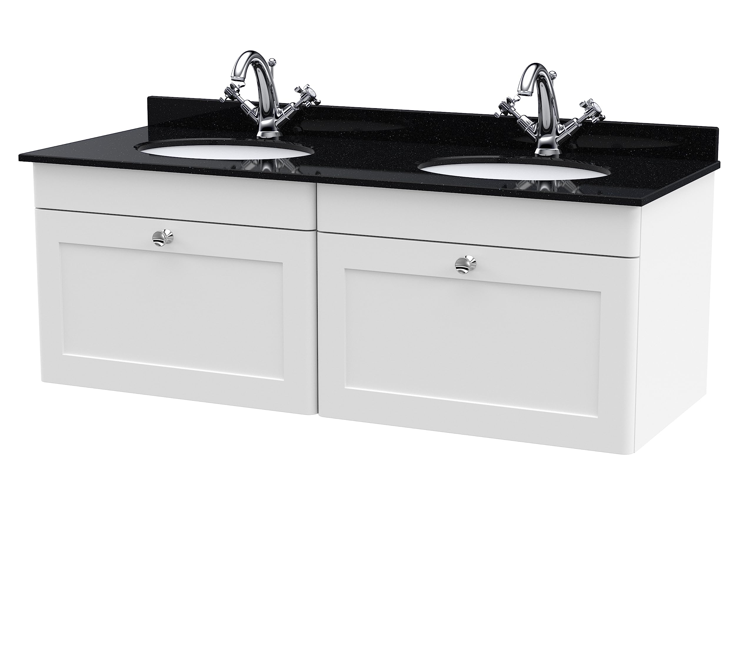 nuie CLC194BR2 Classique Wall Hung 2 Drawer Unit & 1 Tap Hole Double Marble Top with Round Basin, 1200mm, Satin White/Black