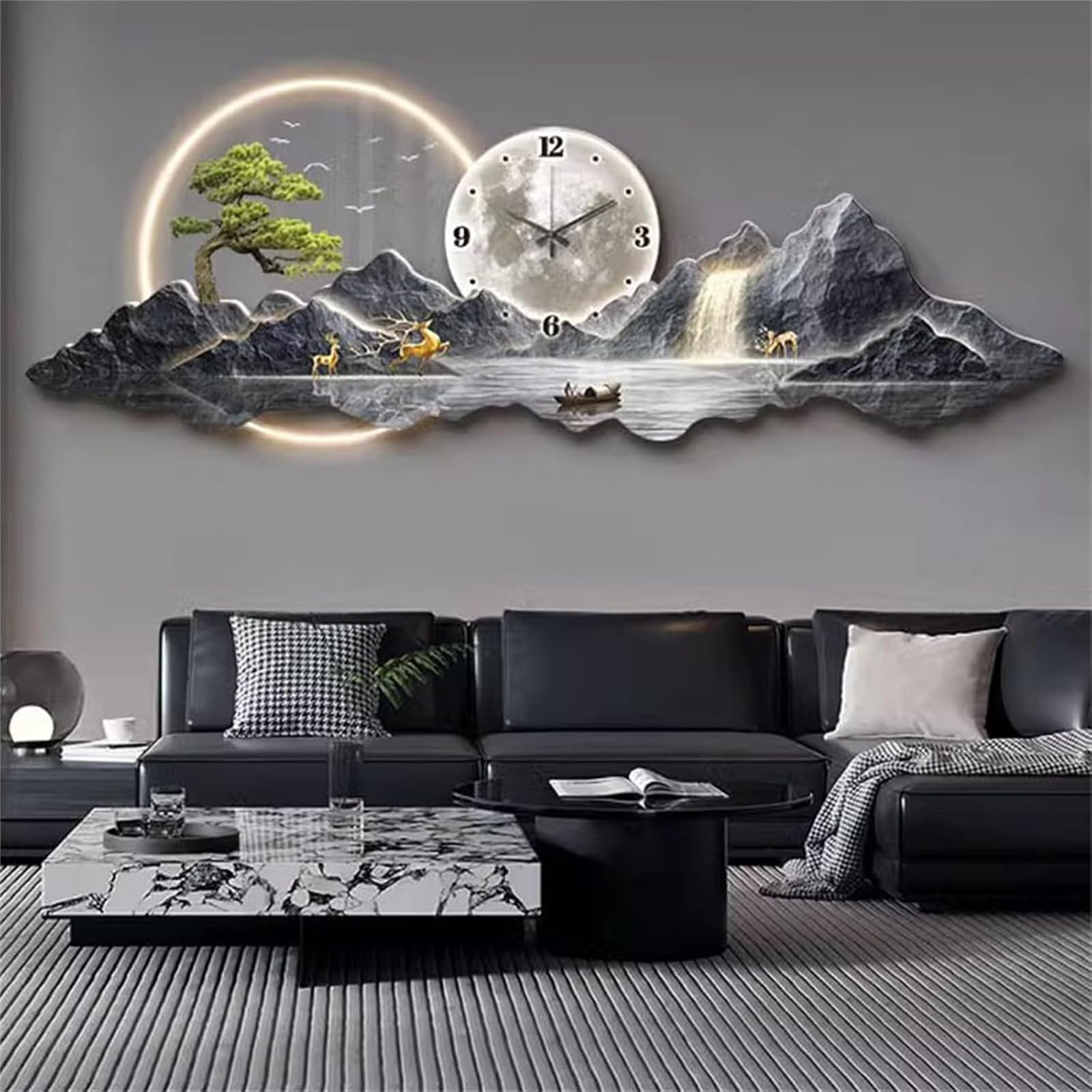 Horloge murale de salon avec paysage : grande applique en acrylique suspendue 40x120 cm
