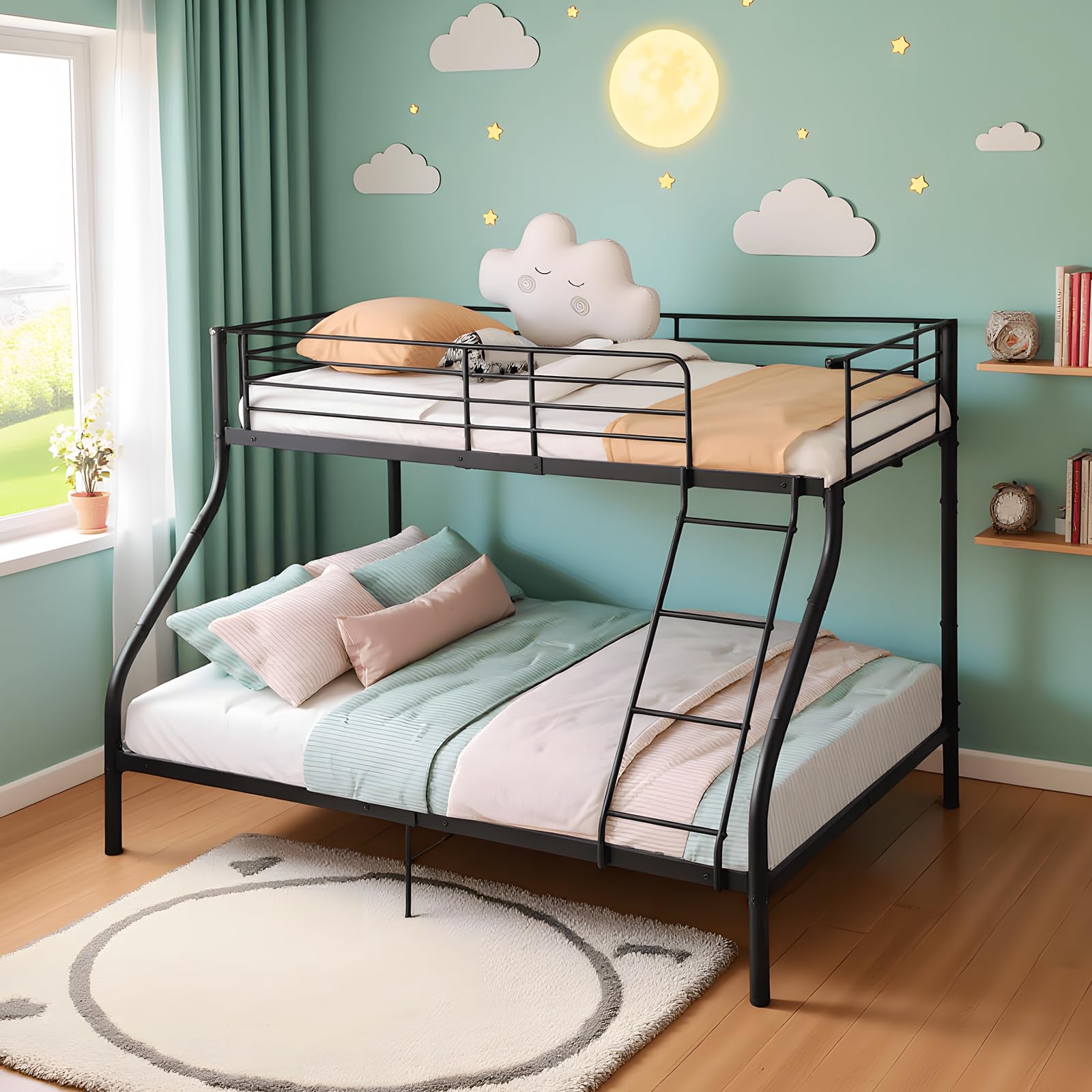 DORAFAIR Somier Litera de Metal para 3 Personas,Matrimonio Cama 140x200cm y Cama Individual 90x200cm,Negro