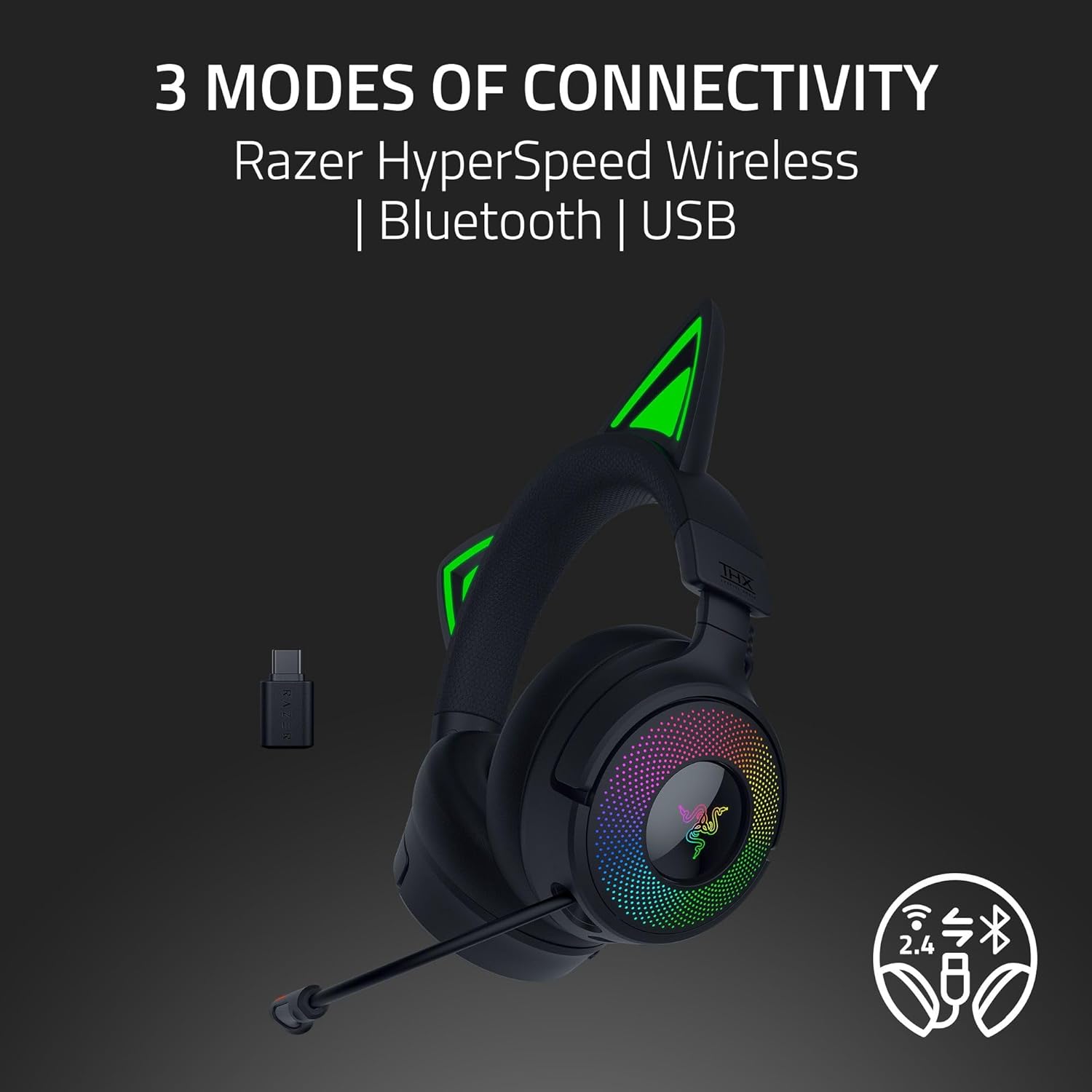 Razer Kraken Kitty V3 Pro showing 3 modes of connectivity: HyperSpeed Wireless, Bluetooth, USB
