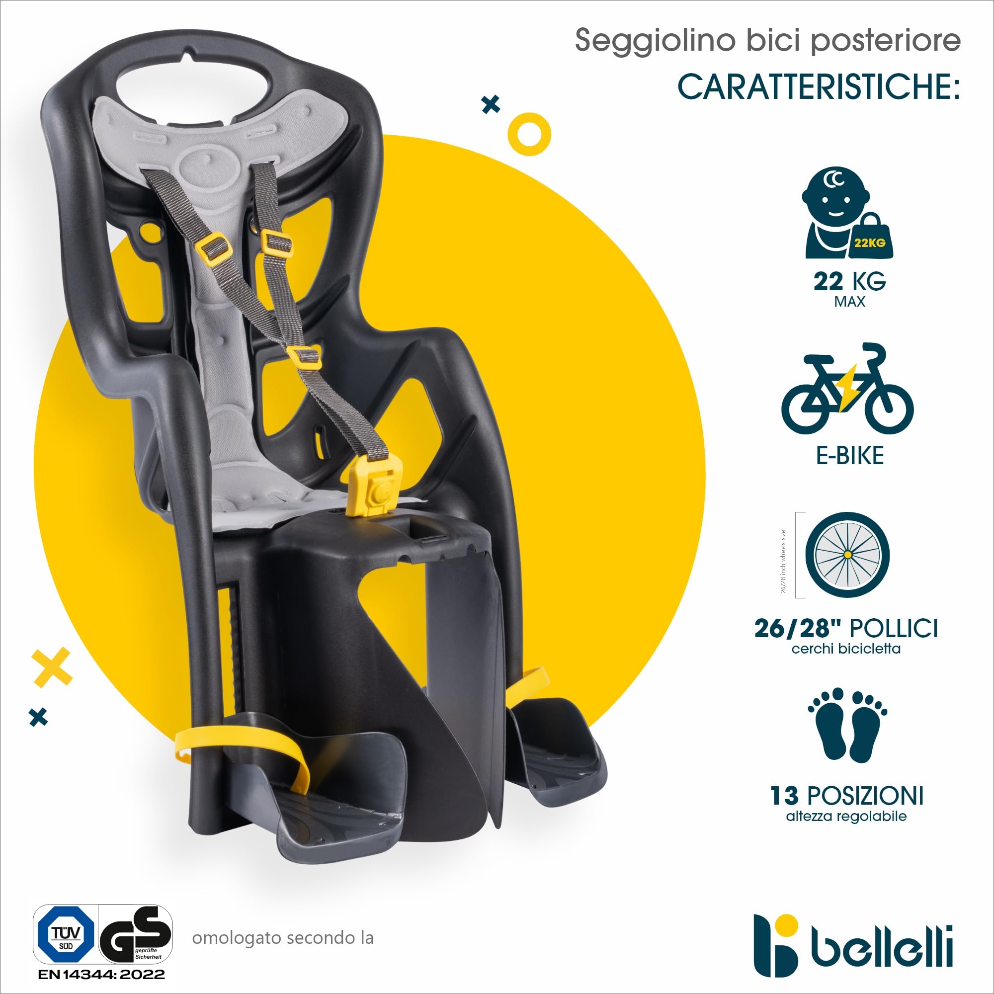 Bellelli | Pepe - Seggiolino Posteriore per Bicicletta - per Bambini Fino a 22 kg, da 3 a 8 Anni - Si Fissa al Telaio - Colore Black