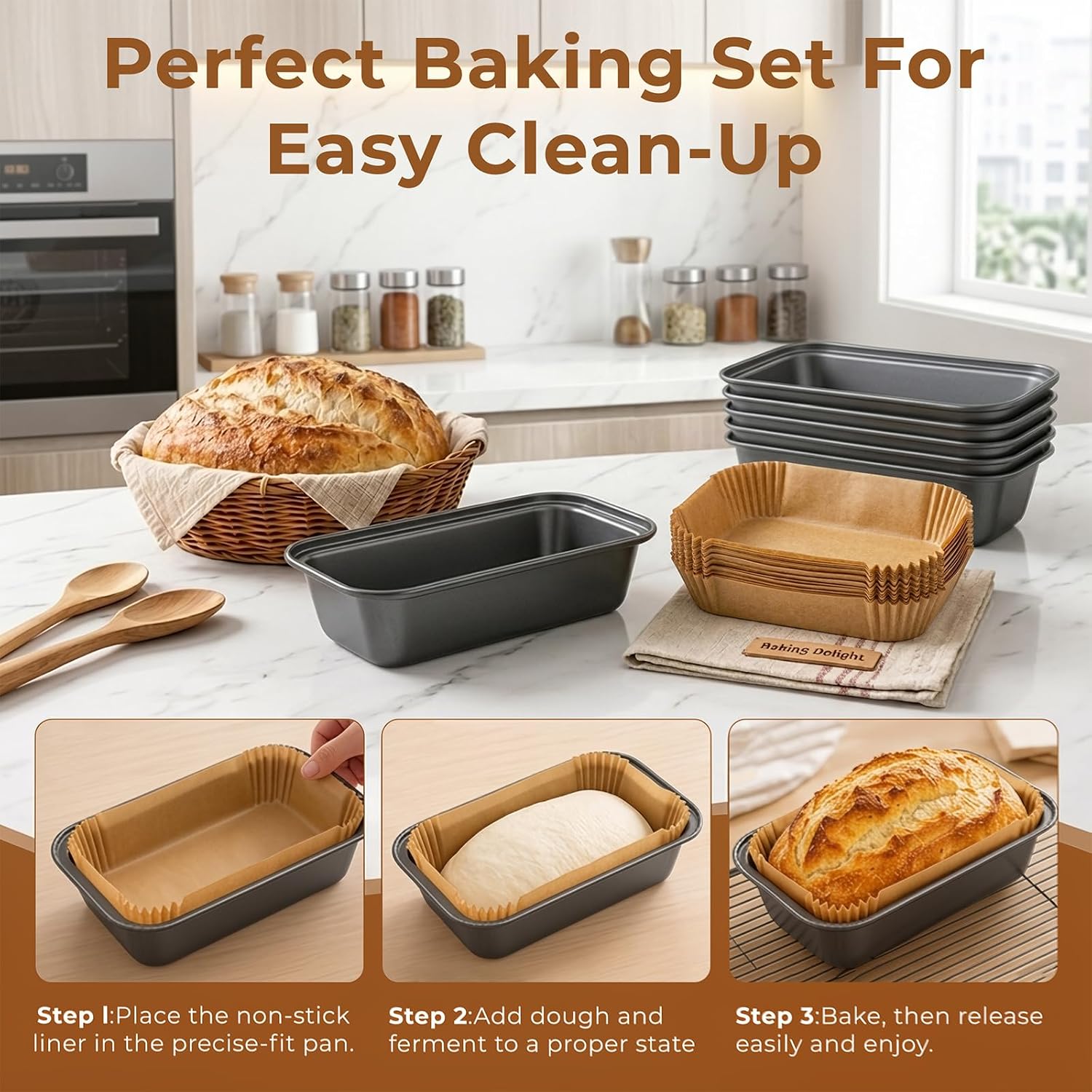 6 Pack Bread Loaf Pan with 100 PCS Loaf Pan Liners, Nonstick 9 x 5 Inch loaf pans for baking bread, Bread Pan liners for Baking Toast, Cakes, Banana Breads, Sourdough Bread
