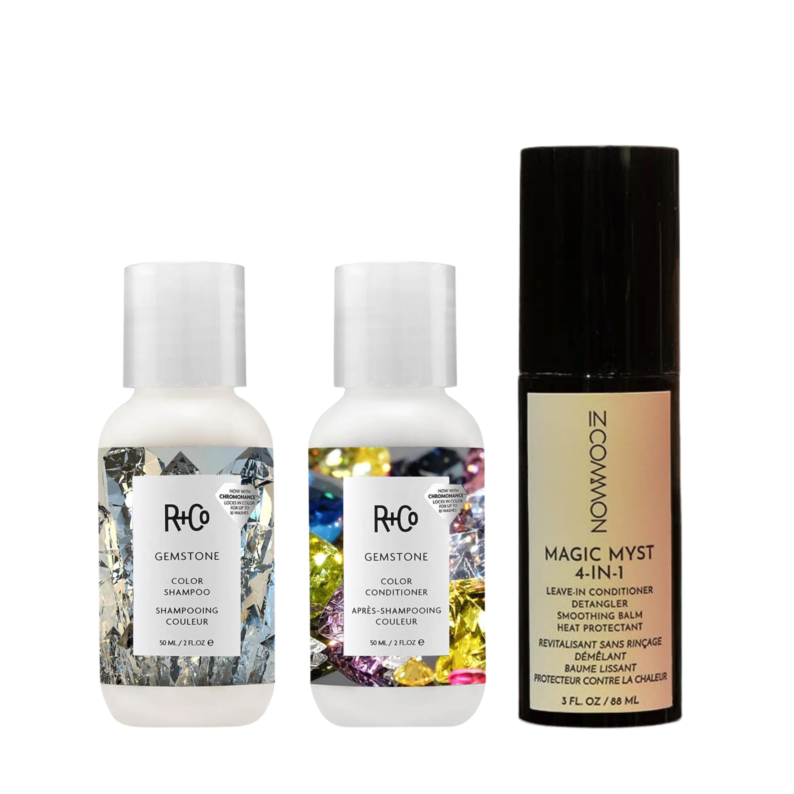R+Co Travel Essentials | Color-Boost - R+Co Gemstone Shampoo and Conditioner Set (2 oz) + In Common Magic Myst Universal Elixir (3 oz) | Sayn Beauty