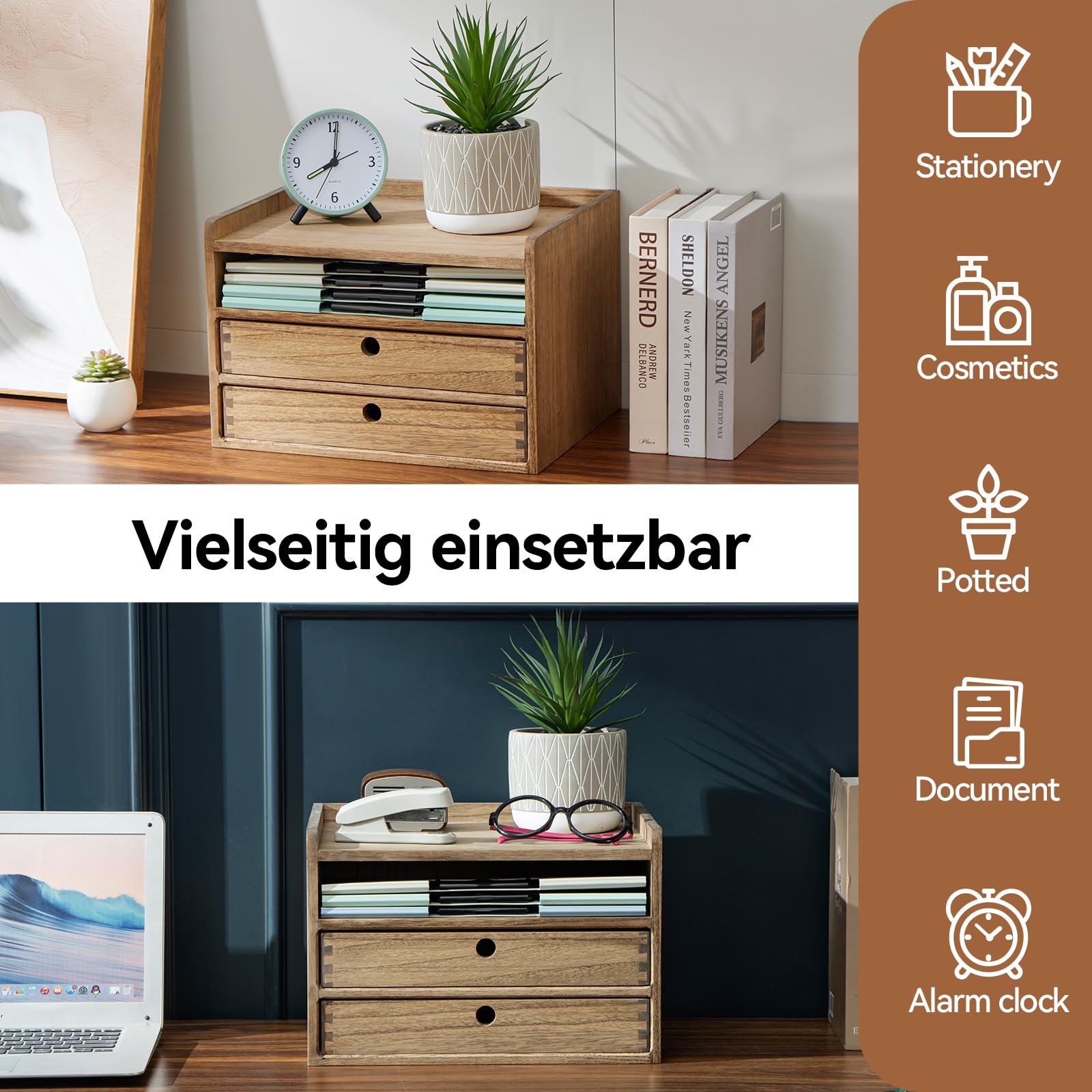 KIRIGEN Schreibtisch-Organizer Holz, A4-Ablagebox, 2 Schubladen, Braun | 35 x 27 x 23,5 cm, offenes Fach, Massivholz, handgefertigt, fertig montiert, Zapfenverbindungen, Pflanzenöl