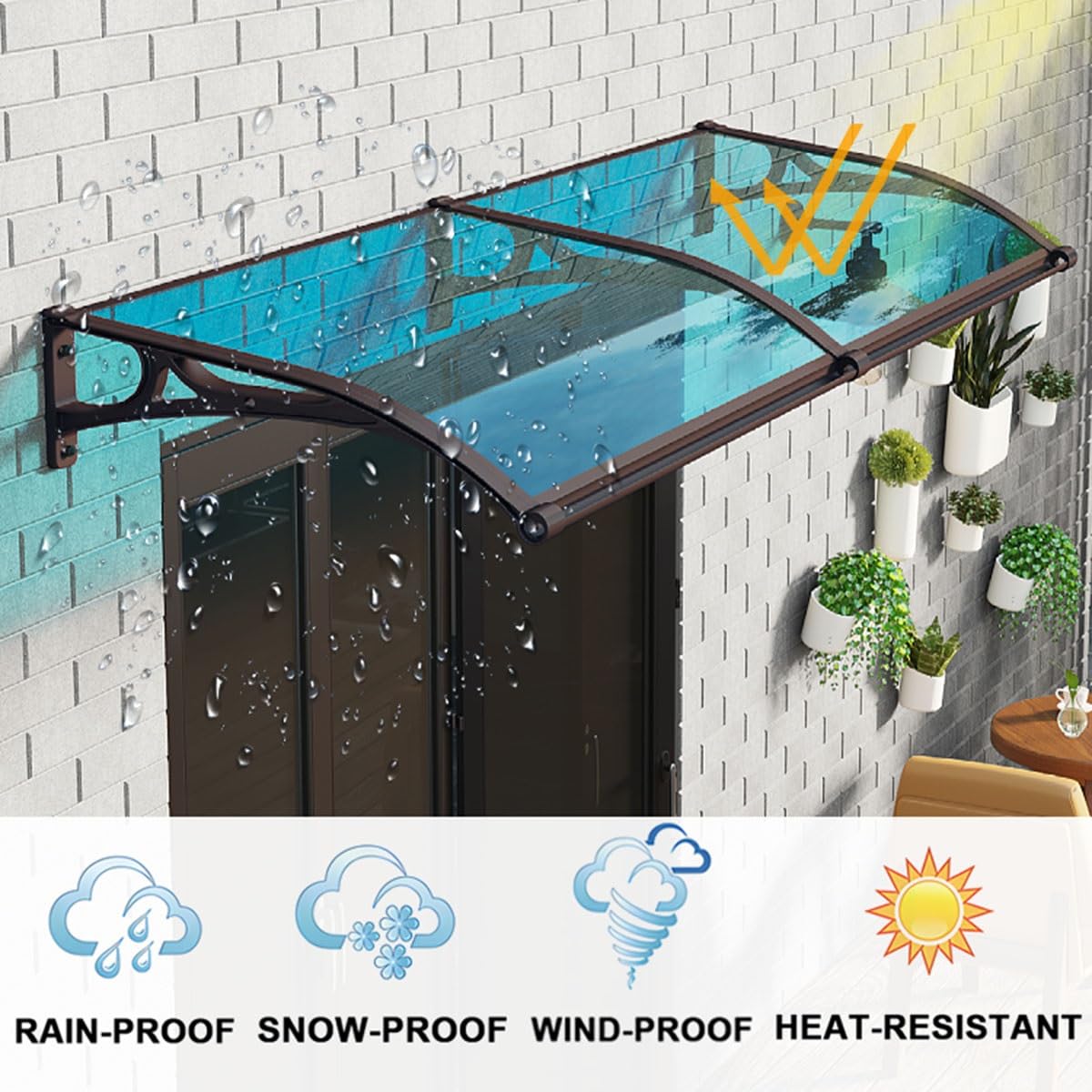 Solidny baldachim drzwiowy – 50 x 200 cm patio schronienie przed deszczem z ochroną przed promieniowaniem UV i ow, aluminiowy wspornik, niebieski design na werandę i do ogrodu
