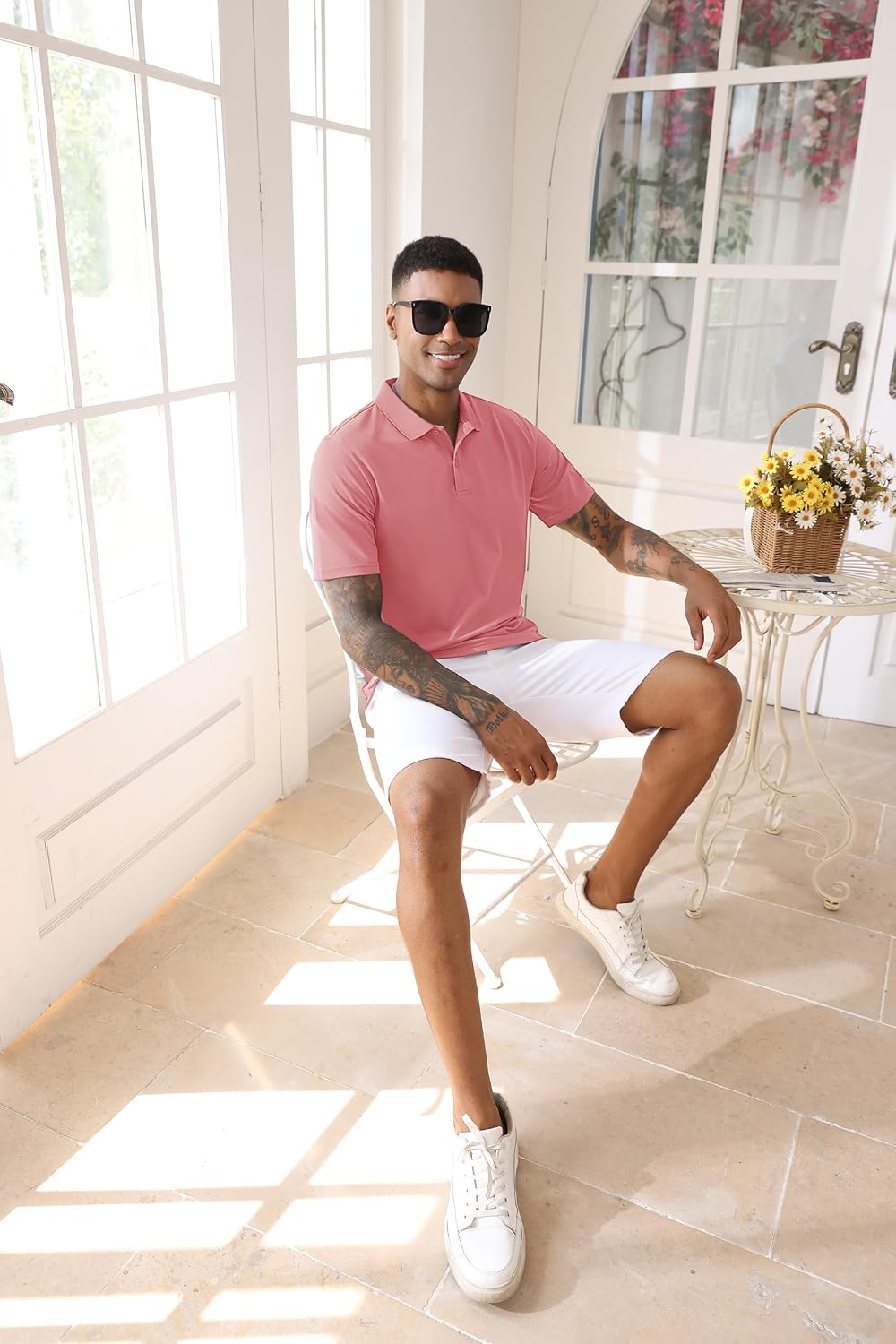 TACVASEN Golf Polo for Men Dry Fit Mens Polo Outdoor Polo Shirts for Men Casual Polo Shirts for Mens Casual Polo Shirts Short Sleeve Grey Pink, X-Large