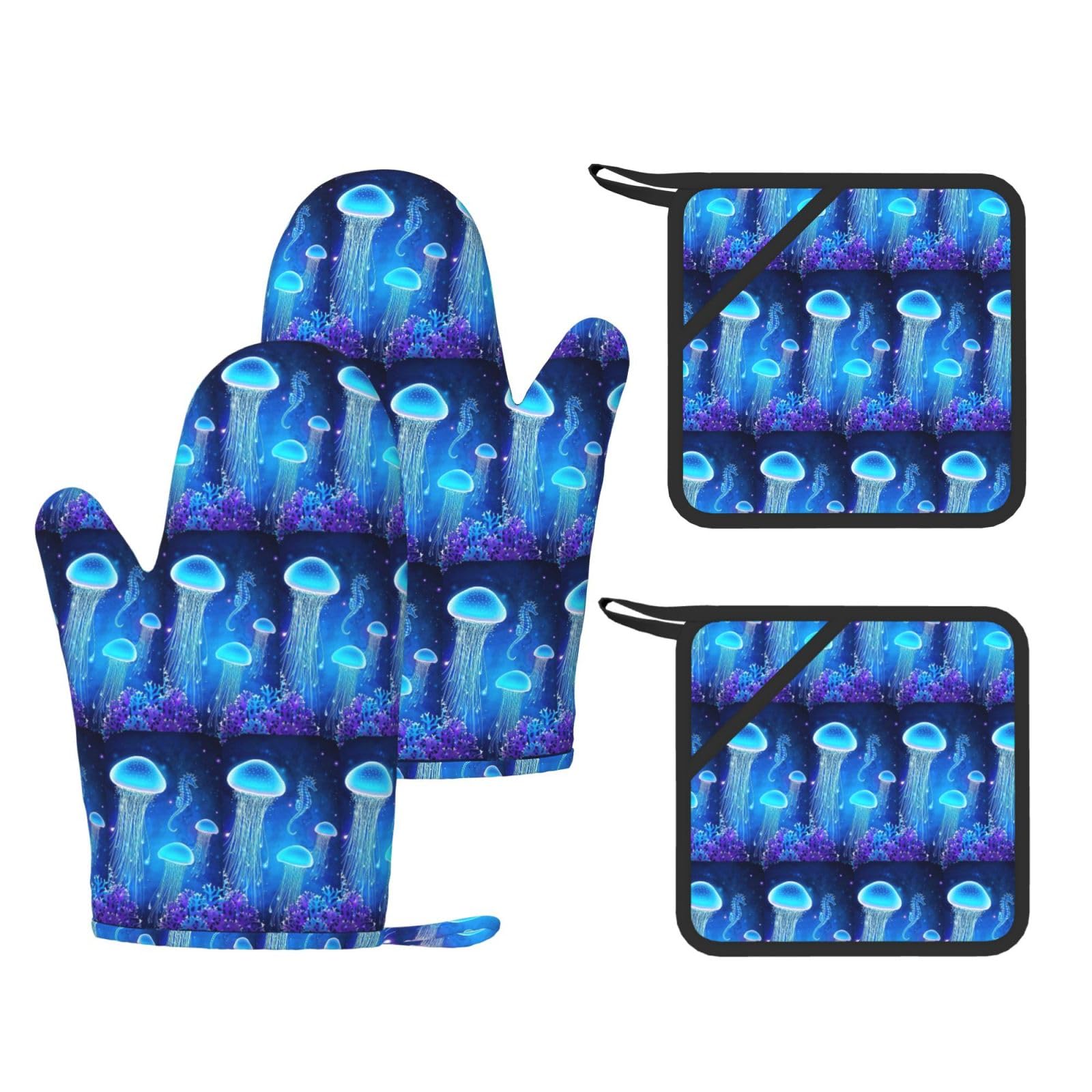 Underwater Jellyfish Printed Potholder and Oven Mitt Set of 4, High Heat Resistant Cooking Gloves for BBQ Grilling