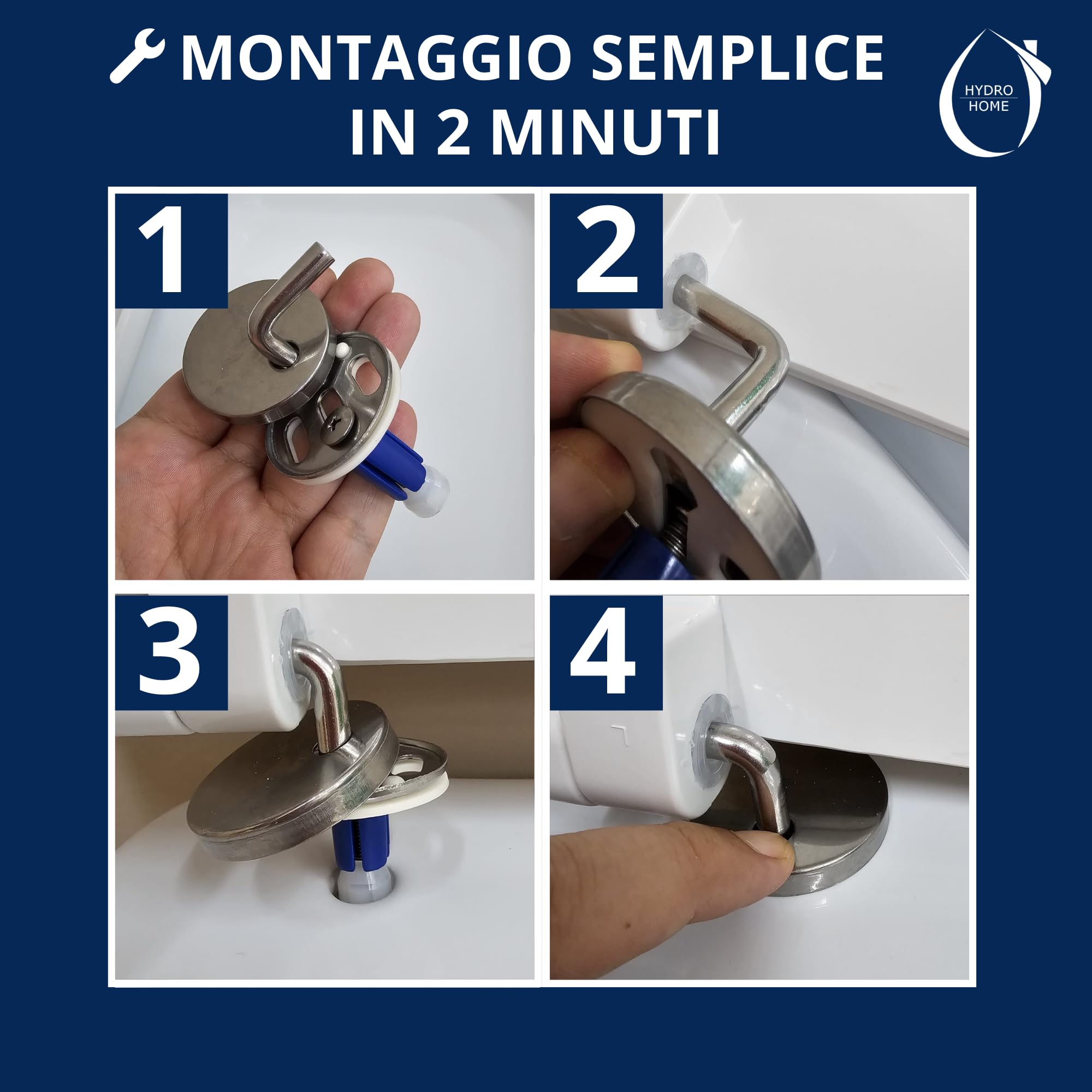 HYDRO HOME Kit 2 Cerniere Sedile WC Tavoletta WC, Regolabili in Acciaio Inox Cromo Lucido per Copriwater Termoindurente, Fissaggio dall’Alto, Ricambi Universali, Montaggio Facile, Made in Italy