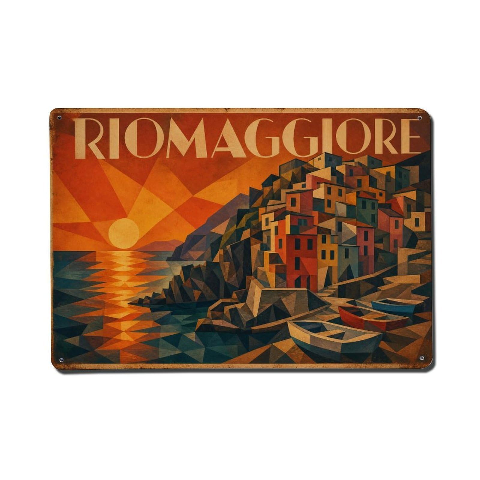 Vintage Travel Riomaggiore Sunset Orange Sky Village Italy Metal Tin Sign