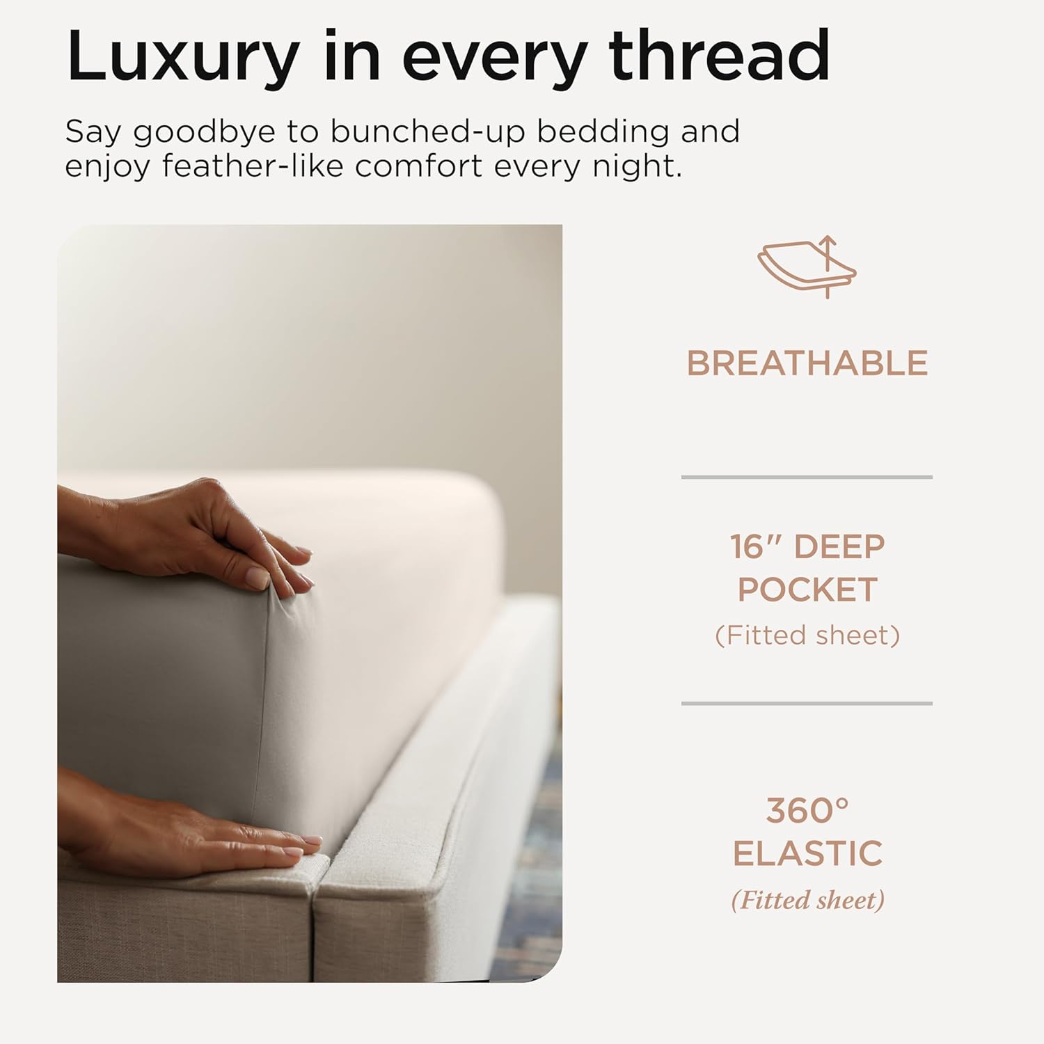 Threadmill Full Size Sheets | 600 Thread Count Bed Sheets Set with 16” Deep Pocket for Full Size Mattress | Sateen Weave 4-Piece Bedding Set with Cooling Effect | Taupe - Image 4
