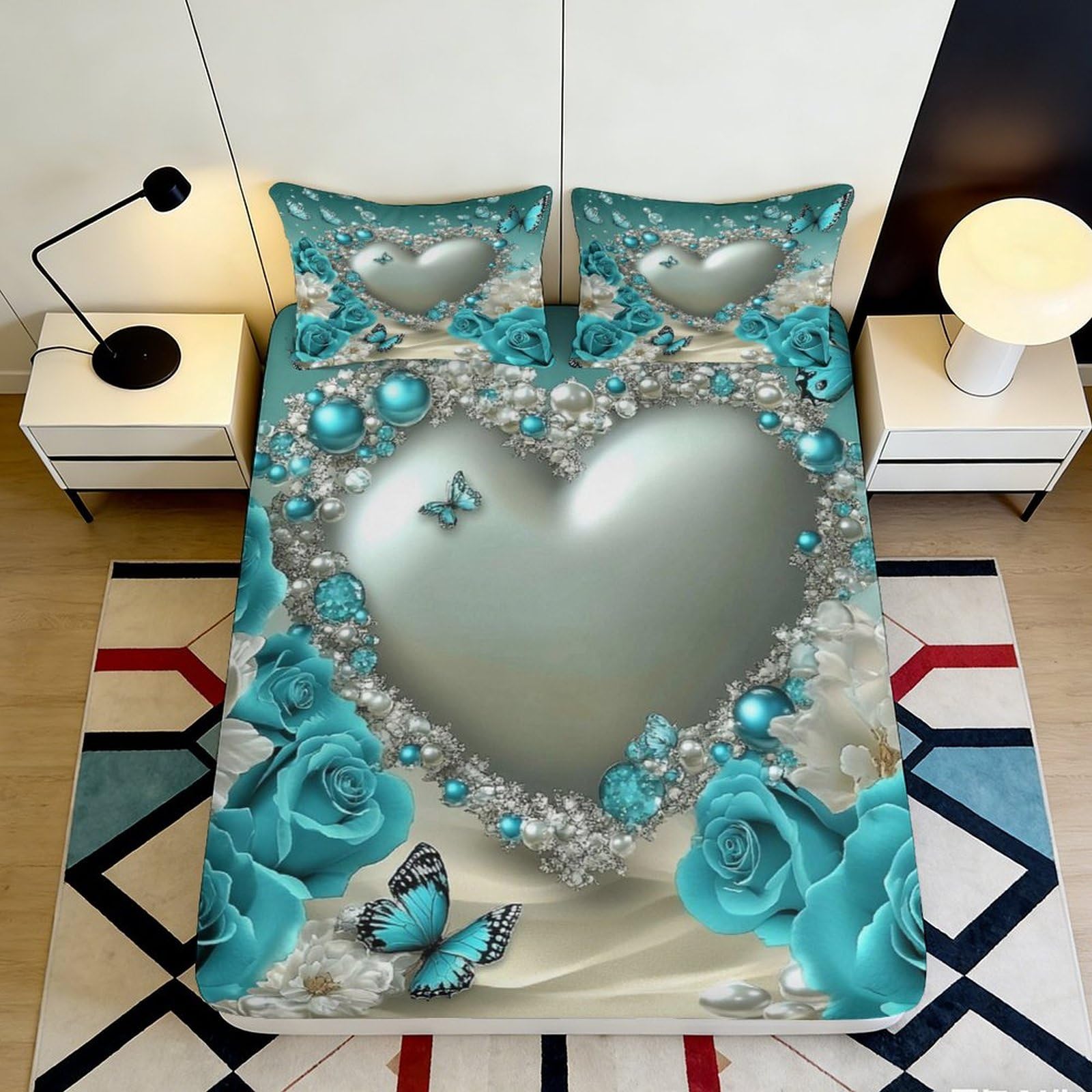 Pnayamiorkfel Style-10 3D Printed Pearl Heart Fitted Sheet Microfiber Turquoise Rose Butterfly Bed Cover For Bedroom Guest Room Decor 90X200x25cm