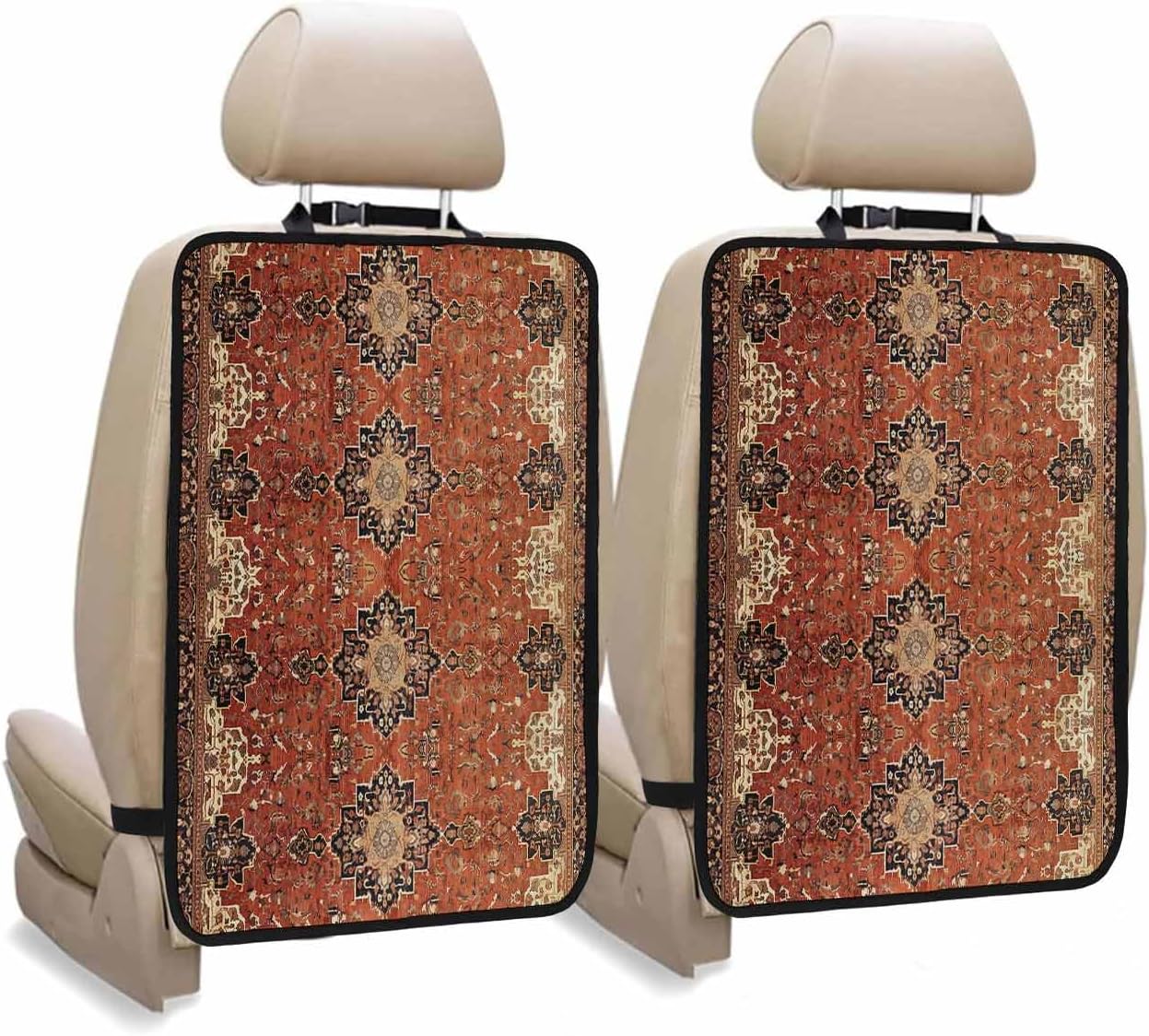T&H XHome Car Seat Protector, 2 Pack Kick Mats Back Seat Protector Middle Ages Turkish Vintage Brown Geometric Pattern Waterproof Backseat Cover for Kids Universal Fit Automotive Interior Protectors
