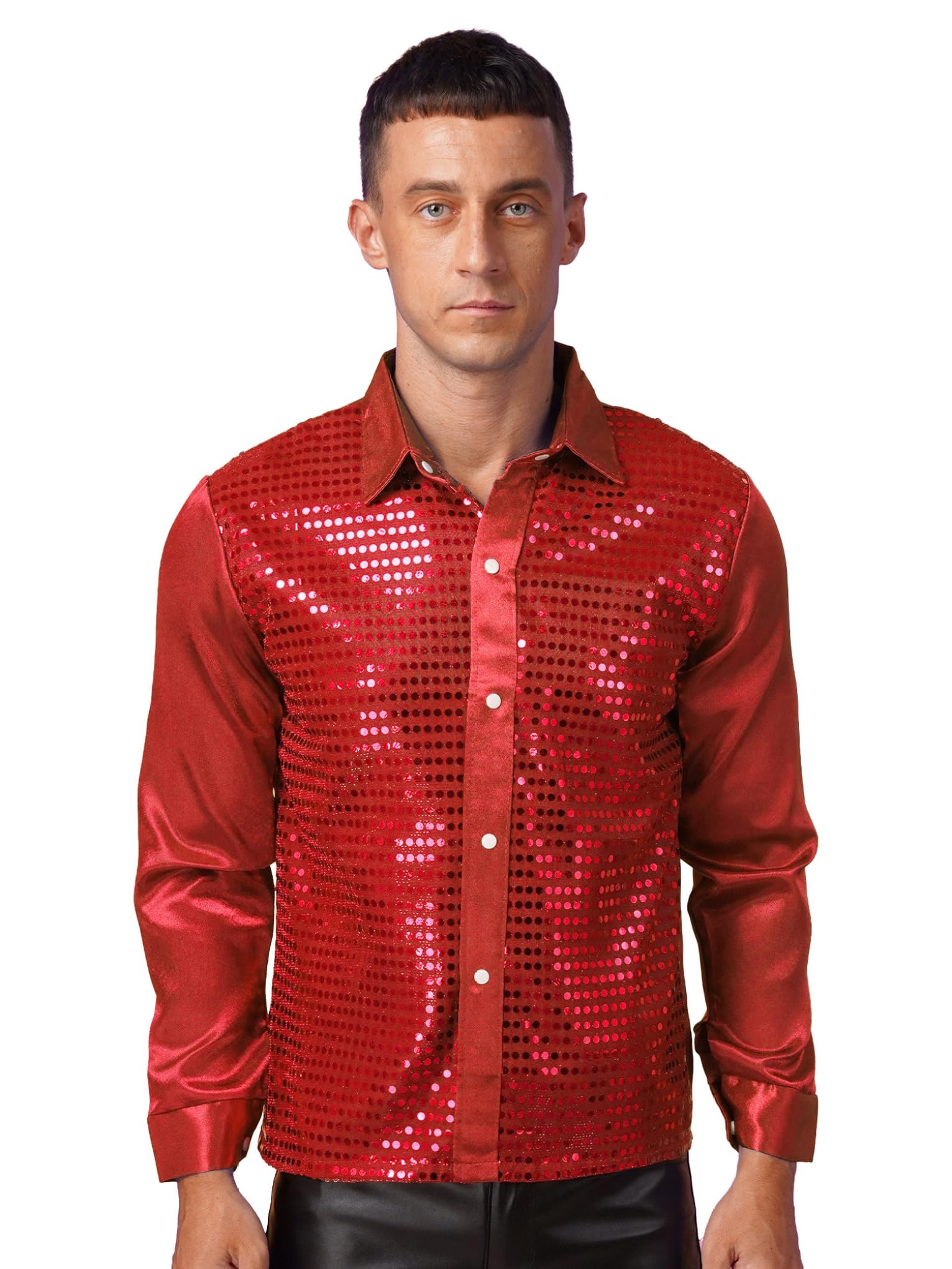 Mufeng Men's Long Sleeve Shiny Sequined Shirts Latin Jazz Dancewear Boys Stage Costumes Shirt Tops Red Small