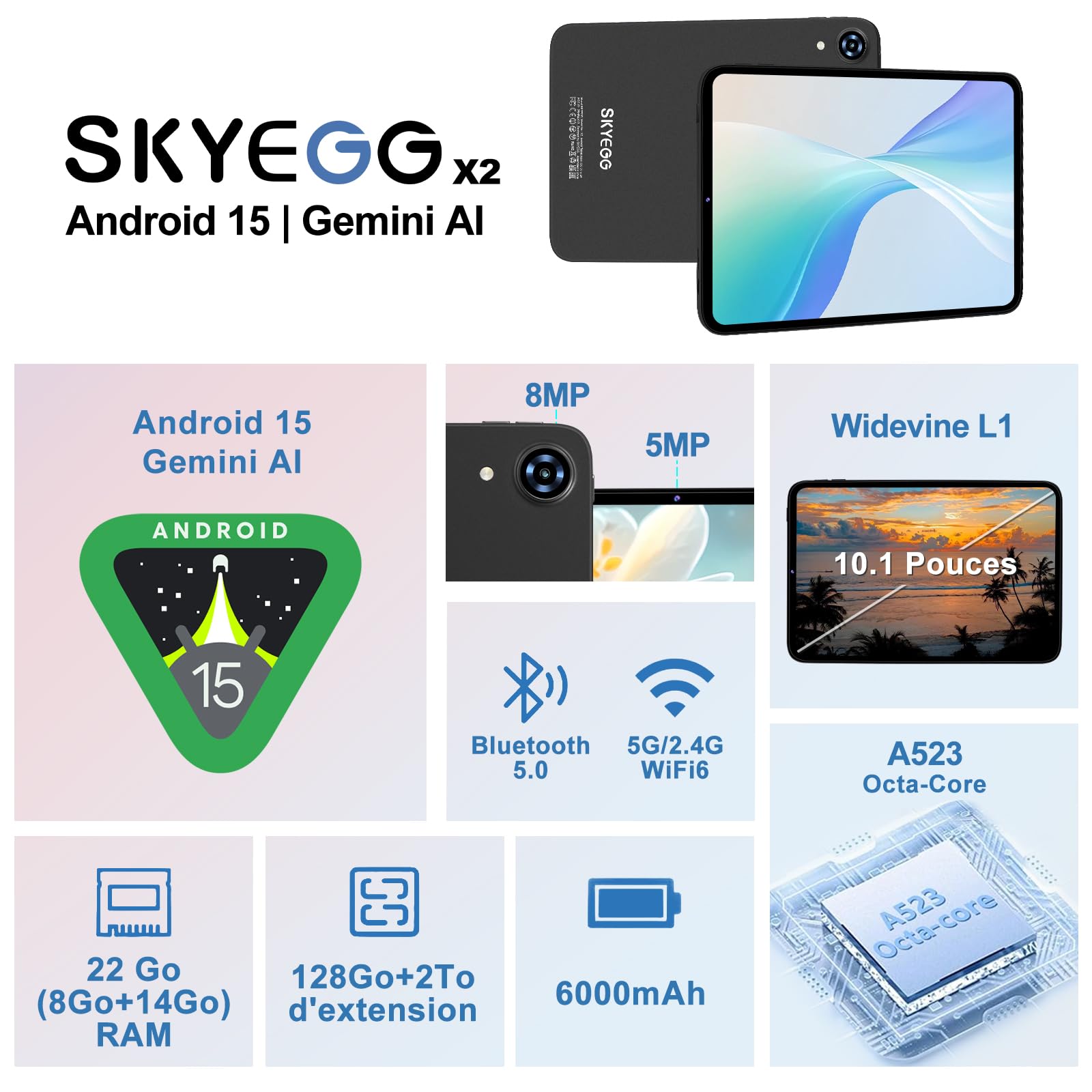 Tablette 10 Pouces Android 15 avec Gemini AI, 22Go RAM+ 128Go ROM(Extension de 2To), Octa-Core, WiFi 6, BT 5.0, Widevine L1, 6000 mAh, Corps métallique, Tablette Tactile avec Clavier et Souris, Gris