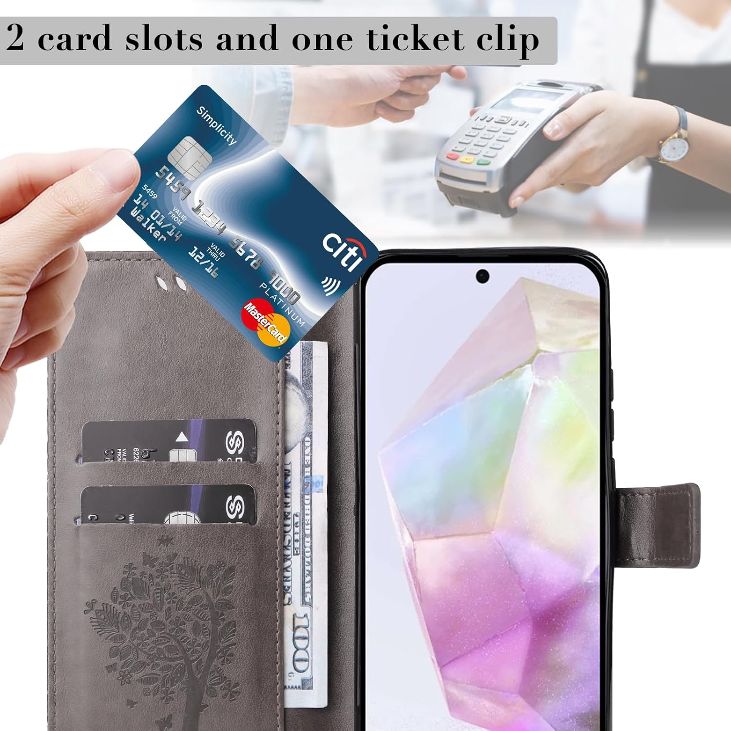 Samsung Galaxy A36 5G用漫画アニマルフォンケース、エンボス加工された木と猫のスマホケース フリップスタンド クレ