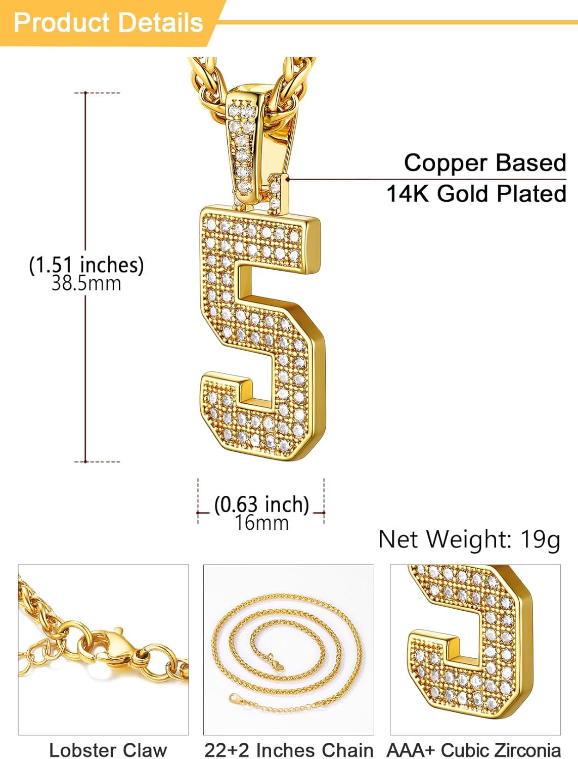 U7 Gold Initial Number Necklace for Men Women, 18K Gold/Silver Plated Diamond CZ Letter Pendant Necklace Big A-Z 0-9 Hip Hop Jersey, Customerized Letter Wheat Chain 22 Inch for Athletes Rappers - Image 4