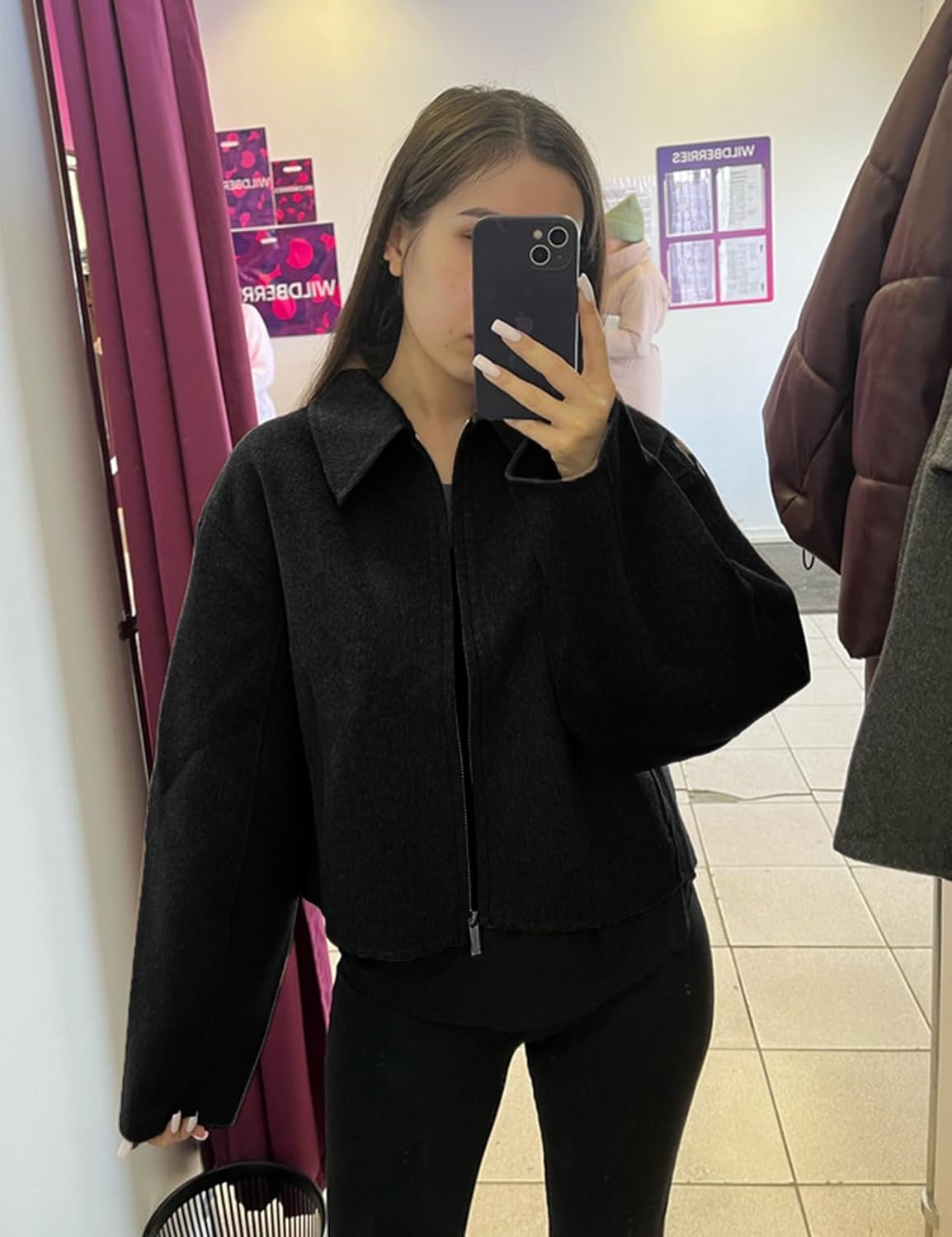 BQDCQB Womens Cropped Wool Jacket Warm Winter Fleece Bomber Jacket Zip Up Short Pea Coats with Pockets - Image 6