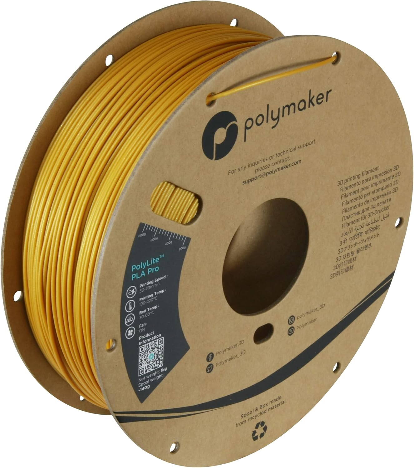 Polymaker PLA PRO Filament 1.75mm Gold, Powerful PLA Filament 1.75mm 3D