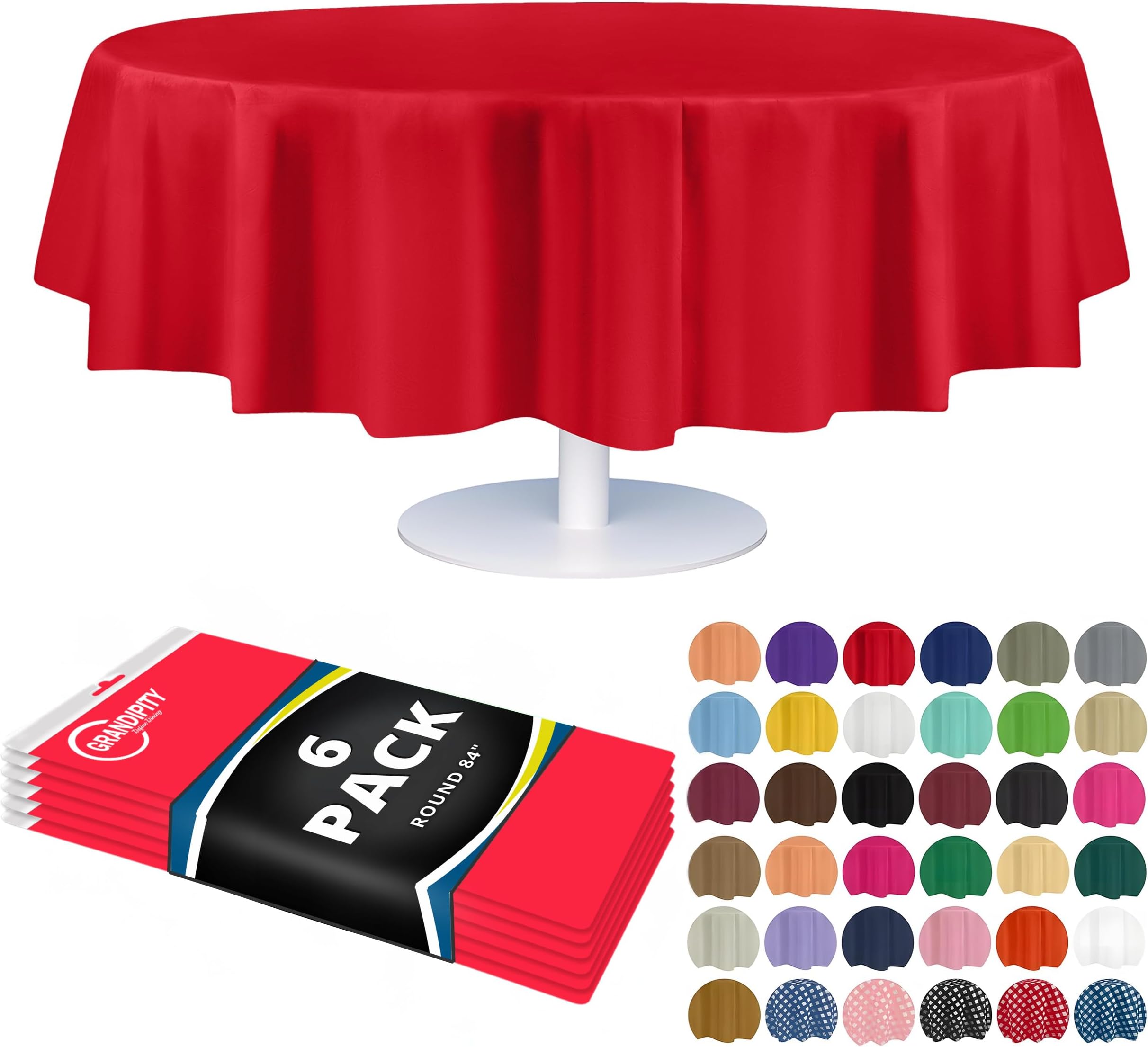 Grandipity Red Plastic Table Cloth Disposable (6 Pk) 84in Round Tablecloth Premium Party Table Cloths Disposable - Perfect Table Cloth Round Cover for Any Table Up to 6 Feet