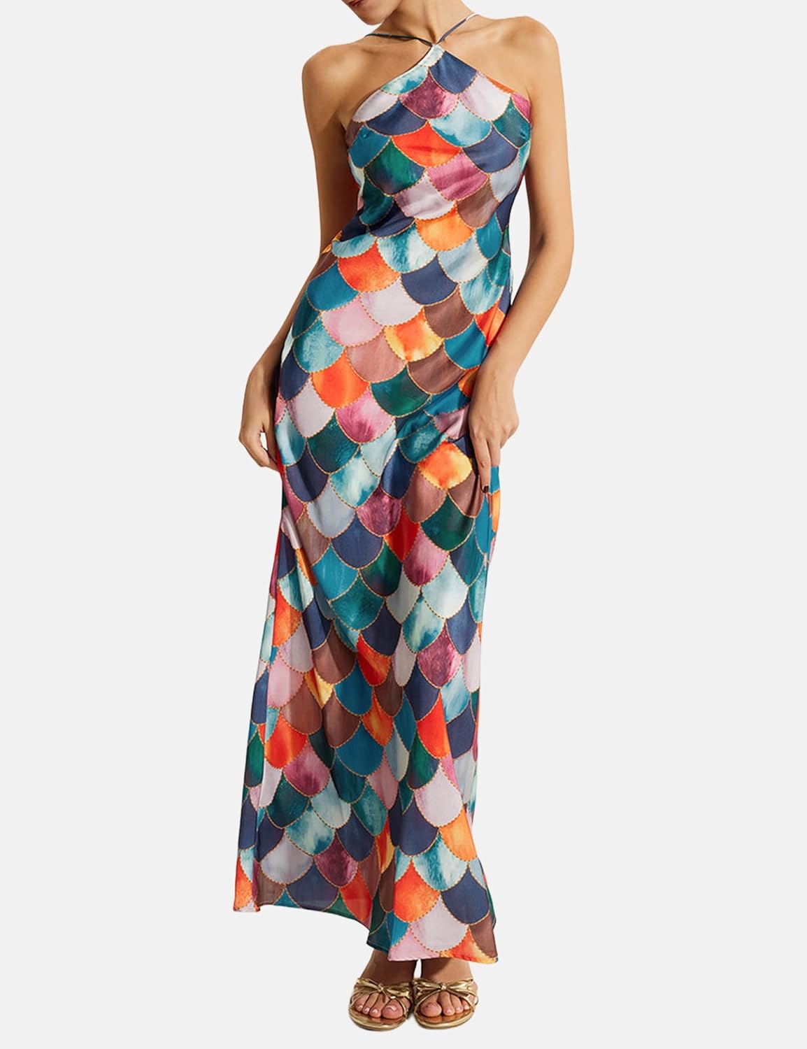 Women's Sexy Backless Halter Maxi Dress Sleeveless Slim Fit Bodycon Long Dress with Colorful Plaid Print for Party Clubwear - Image 2