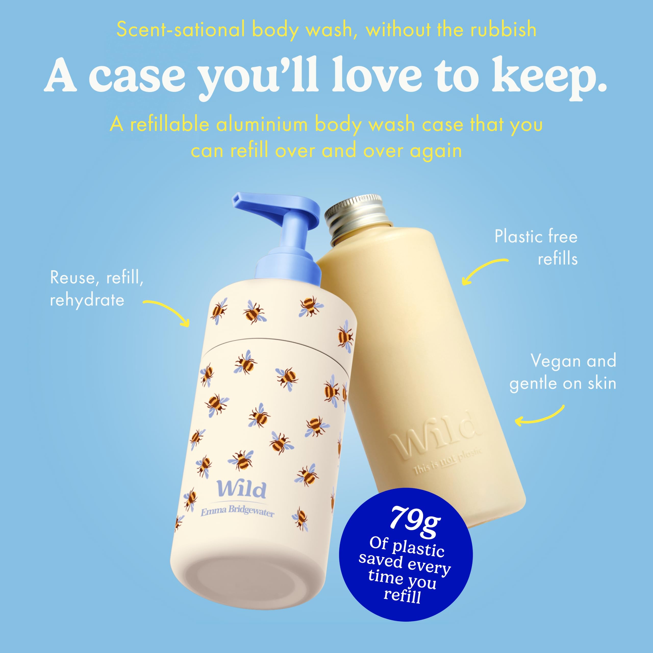 Wild Kit de inicio de gel de baño recargable - Carcasa de aluminio de abejas y 3 recambios de gel de ducha en varios aromas - 95% ingredientes naturales - Honey & Almond Amber & Oud Santorini Sunset