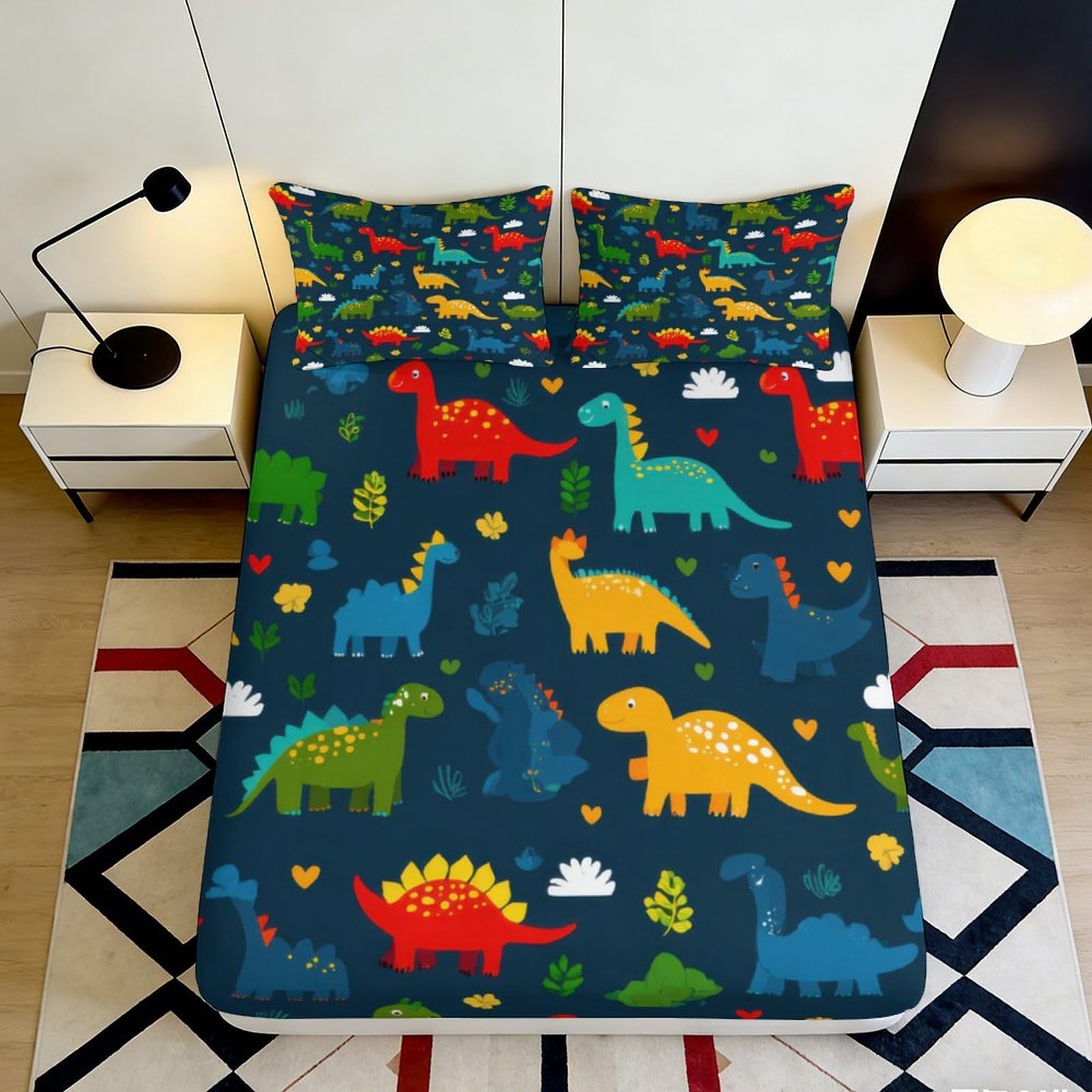 Pnayamiorkfel Style-2 3D Printed Colourful Dinosaur Fitted Sheet Microfiber Soft Breathable Cartoon Bed Cover For Bedroom Guest Room Decor 90X200x25cm