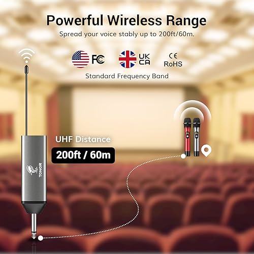Miniatura 3 de TONOR Micrófonos inalámbricos, micrófono inalámbrico con receptor recargable, rango de 200 pies, UHF, microfonos dinámicos de mano Inalambricos
