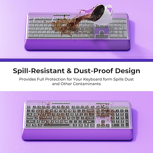 Vista 4 de Juego de teclado y mouse inalámbricos con teclas silenciosas, teclado morado de tamaño completo de 2.4 G y mouse con reposamuñecas, fundas Violeta