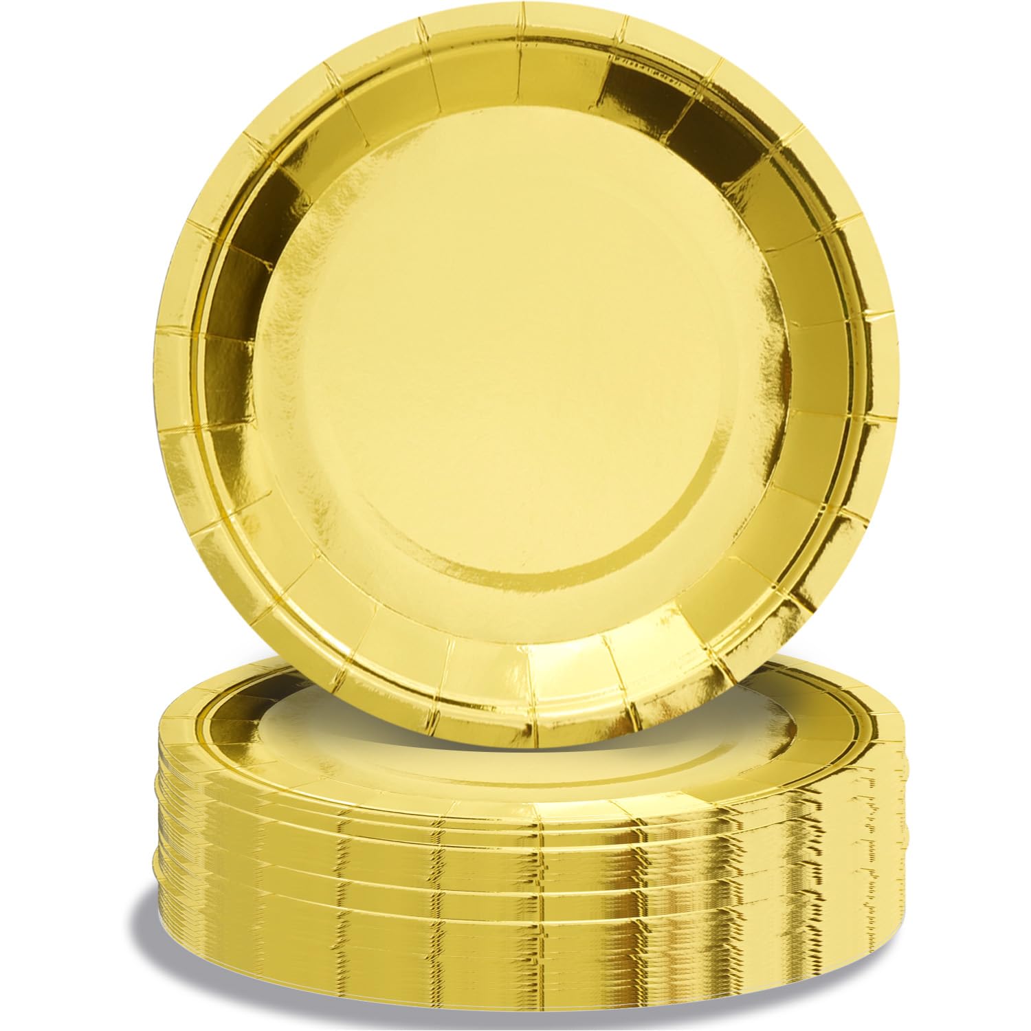 Pandecor 50 Pieces 7 Inches Disposable Paper Plates,Cakes Dessert Salad Pizza Holographic Rainbow Silver Round Plates Birthday Party Decorations for Wedding Anniversary Christmas (gold)