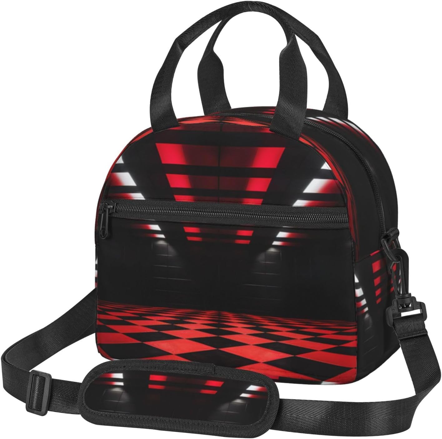 Red and black plaid Print Reusable Lunch Bag Insulated Lunch Boxes for Office Work Picnic Tote Bag Adjustable