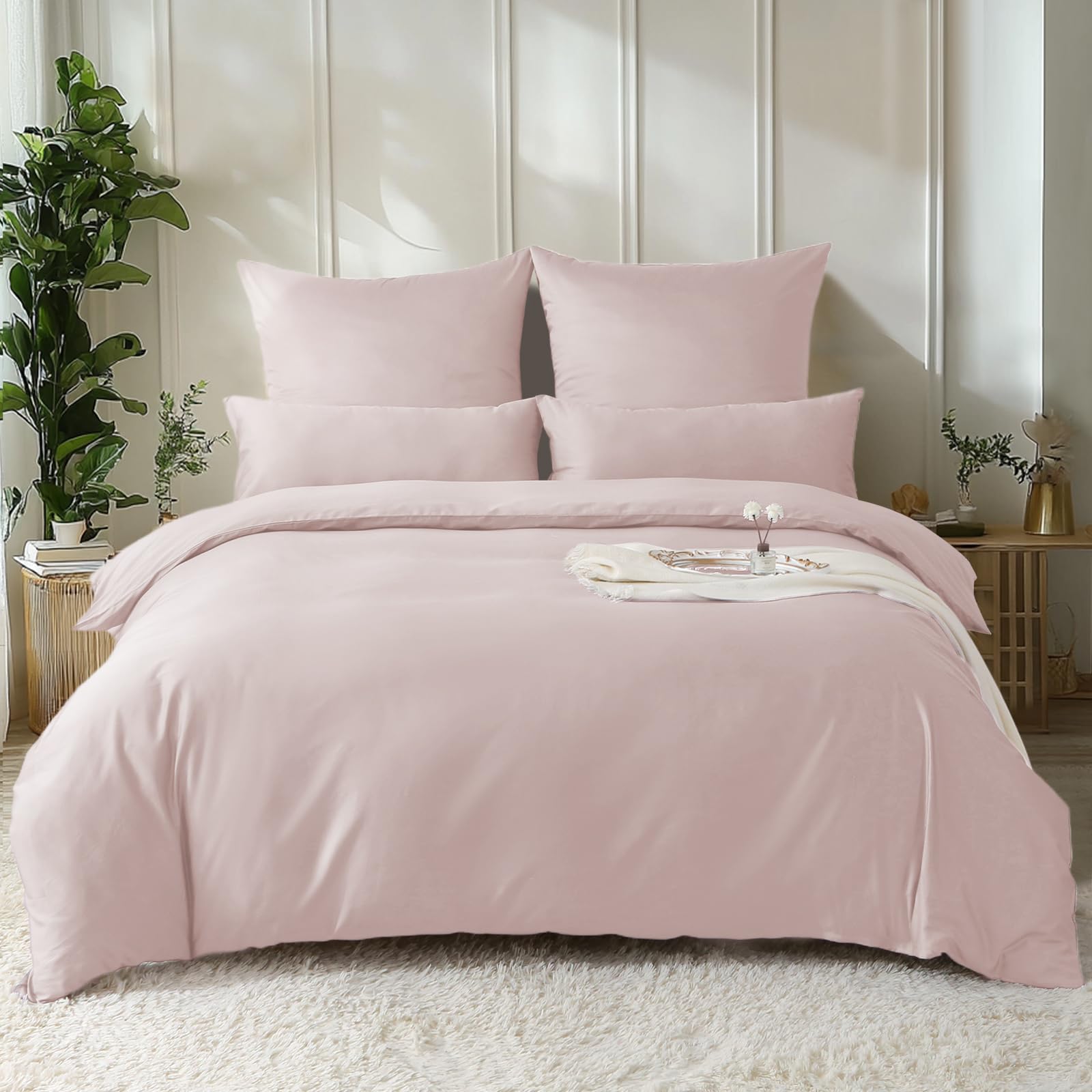 SOULFUL Bettwäsche 135x200 Baumwolle 4Teilig Satin,100% Langstapelige Baumwolle Seidig Bettwäsche-Set mit Reißverschluss, Oeko-Tex Zertifiziert,2 Bettbezug 135x200 & 2 Kissenbezug 80x80,Altrosa