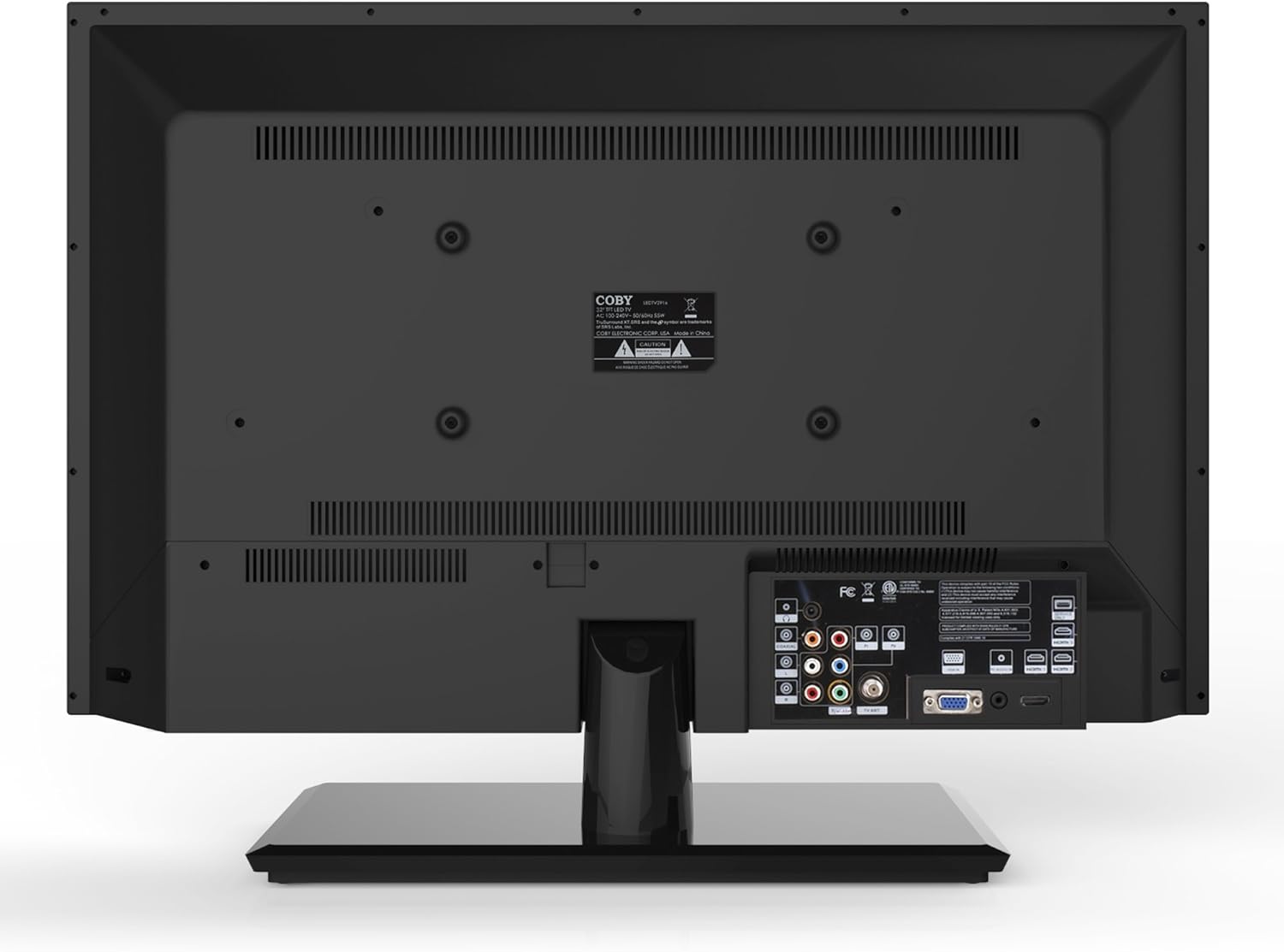 Wara view of the Coby LEDTV3216 32-inch LED HDTV showing various input ports.