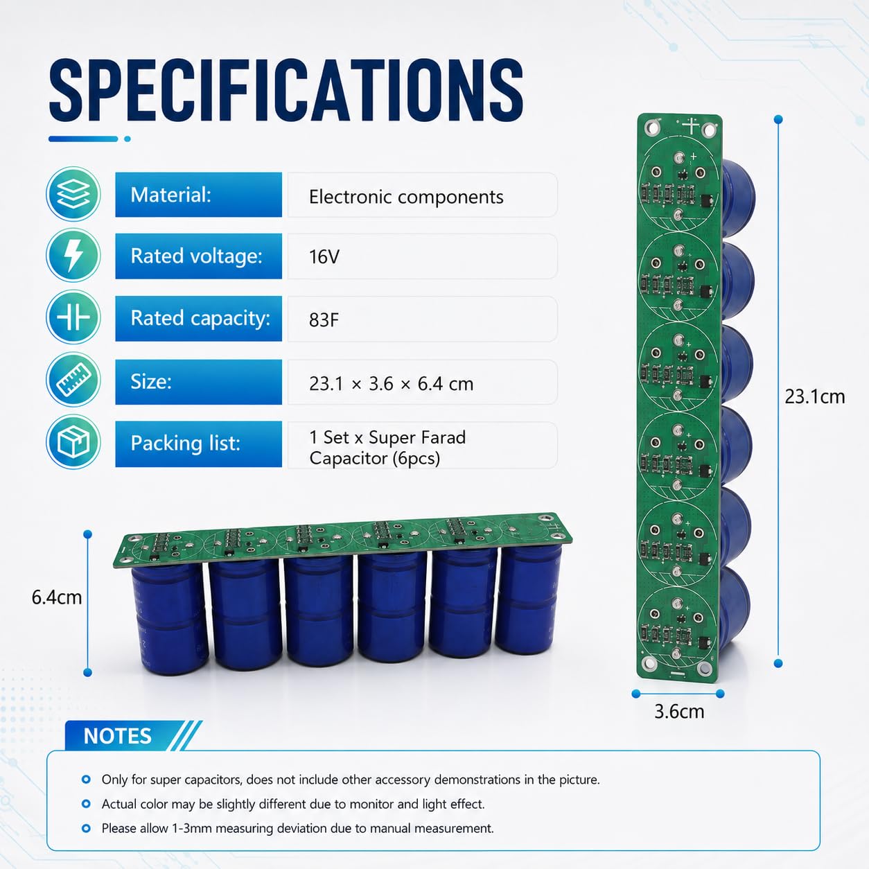 Supercondensatore 16V 83F, 6 Pezzi Pacco Condensatori a Fila Singola, Singola 2.7V 500F, Super Condensatore Farad Condensatori Elettrolitici per Auto