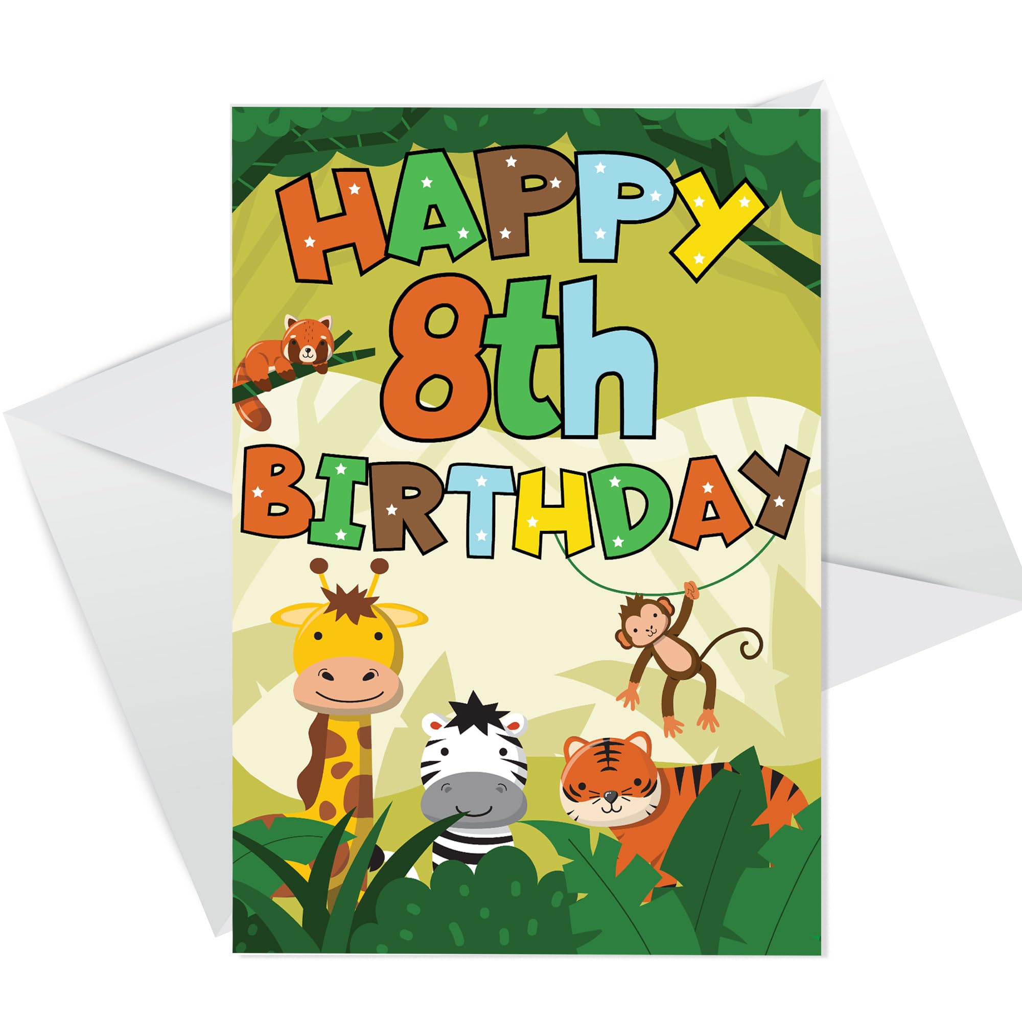 RED OCEAN 8th Birthday Jungle Animal Card for Boys - Happy Birthday Card 8 Year Old Boy, Eighth Birthday Cards for Grandson, Greeting Cards for Nephew Children Kids (8th Birthday Jungle Animals)