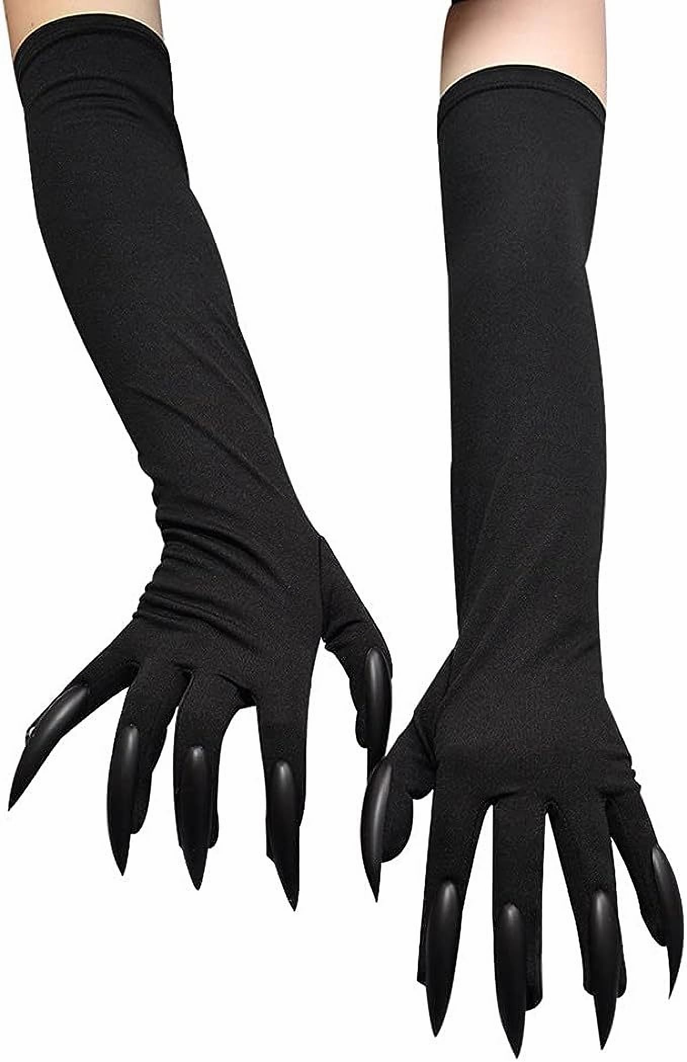 Black Gloves with Long Nails Adult Woman Halloween Handwear Witch Devil Ghost Cosplay Gloves Stretchy Breathable Elbow Length Mittens Fancy Dress Up Party Role Play Carnival Costume Accessories