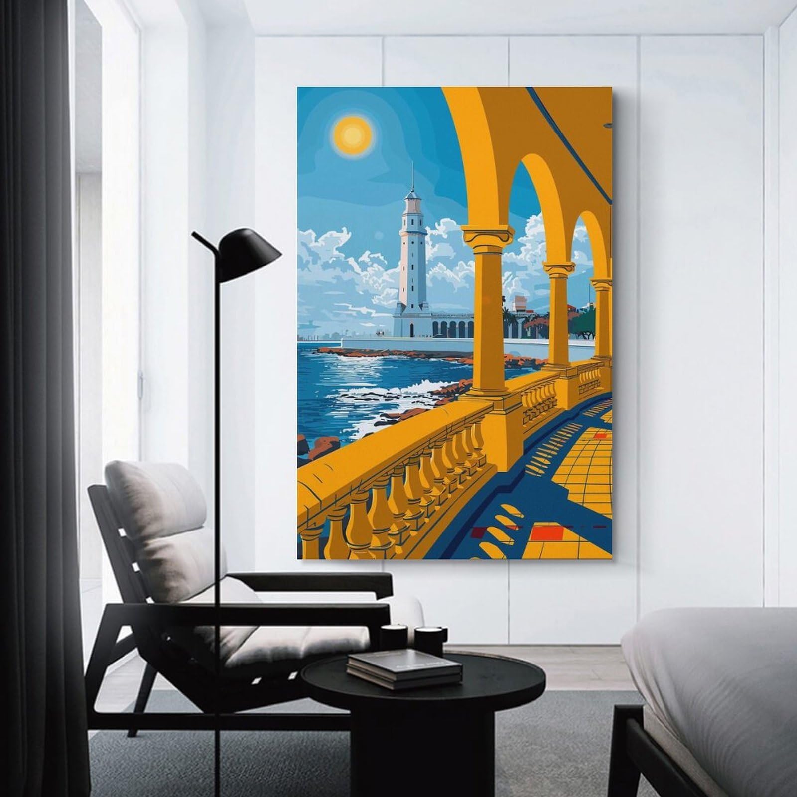Junmoney Wall Picture Print Alexandria Lighthouse View, 24x36inch(60x90cm), for Living Room, Bedroom Or Apartment Walls, A Home Accent with Warm Character