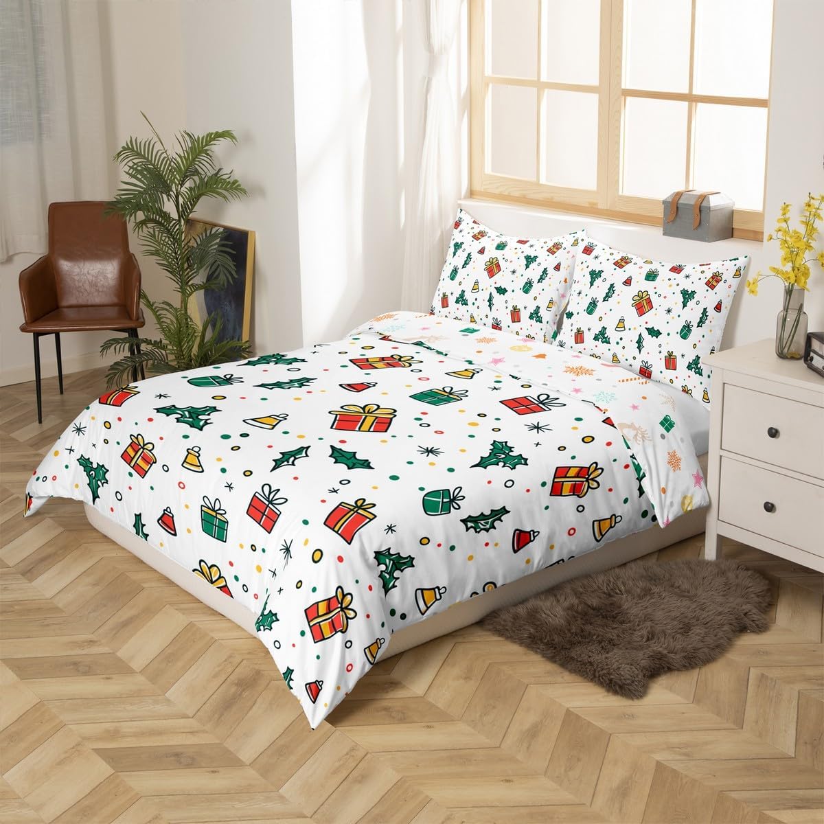Merry Christmas Duvet Cover Set Toddler Size,Cartoon Xmas Gifts Leaves Dots Print Reversible Quilt Cover for Kids Boys Girls Cute Red Green Sketch White Bedding Set with 1 Pillowcase,No Comforter