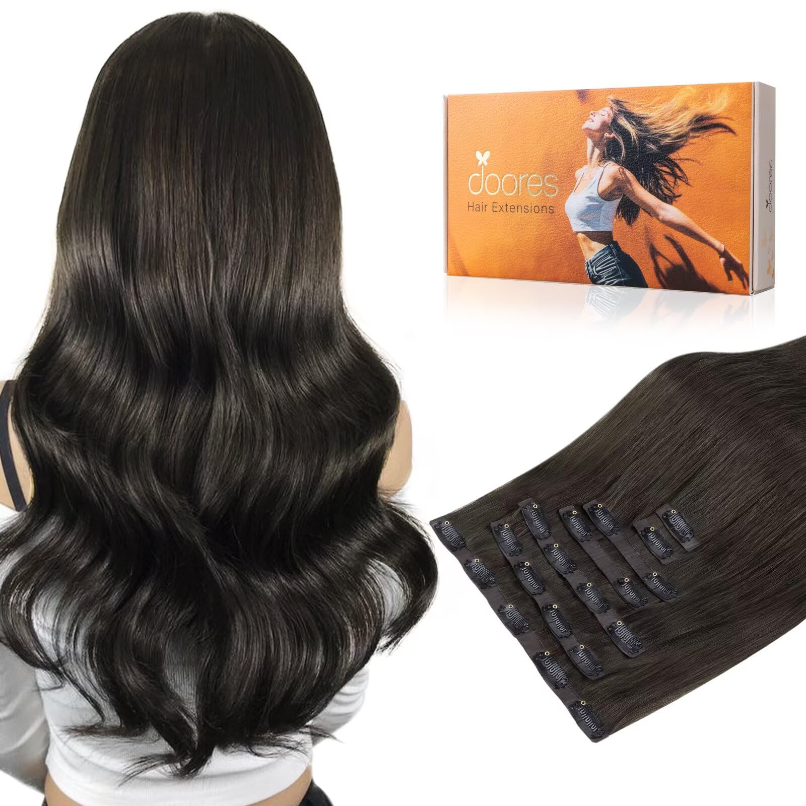 DOORES Human Hair Clip in Extensions, Mocha Brown 110g 7pcs 14 Inch, Seamless Clip in Hair Extensions Human Hair Extensions Clip in Straight Trick Hair Invisi Edge Hair Extensions Remy Natural Hair