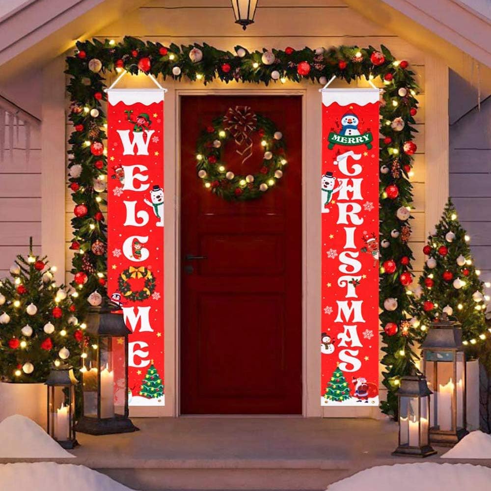 HBlife Merry Christmas Banner Christmas Decoration Outdoor & Indoor Welcome Christmas Porch Sign 12” x 72”, Christmas Banner Red Xmas Decor Banners for Home Decor