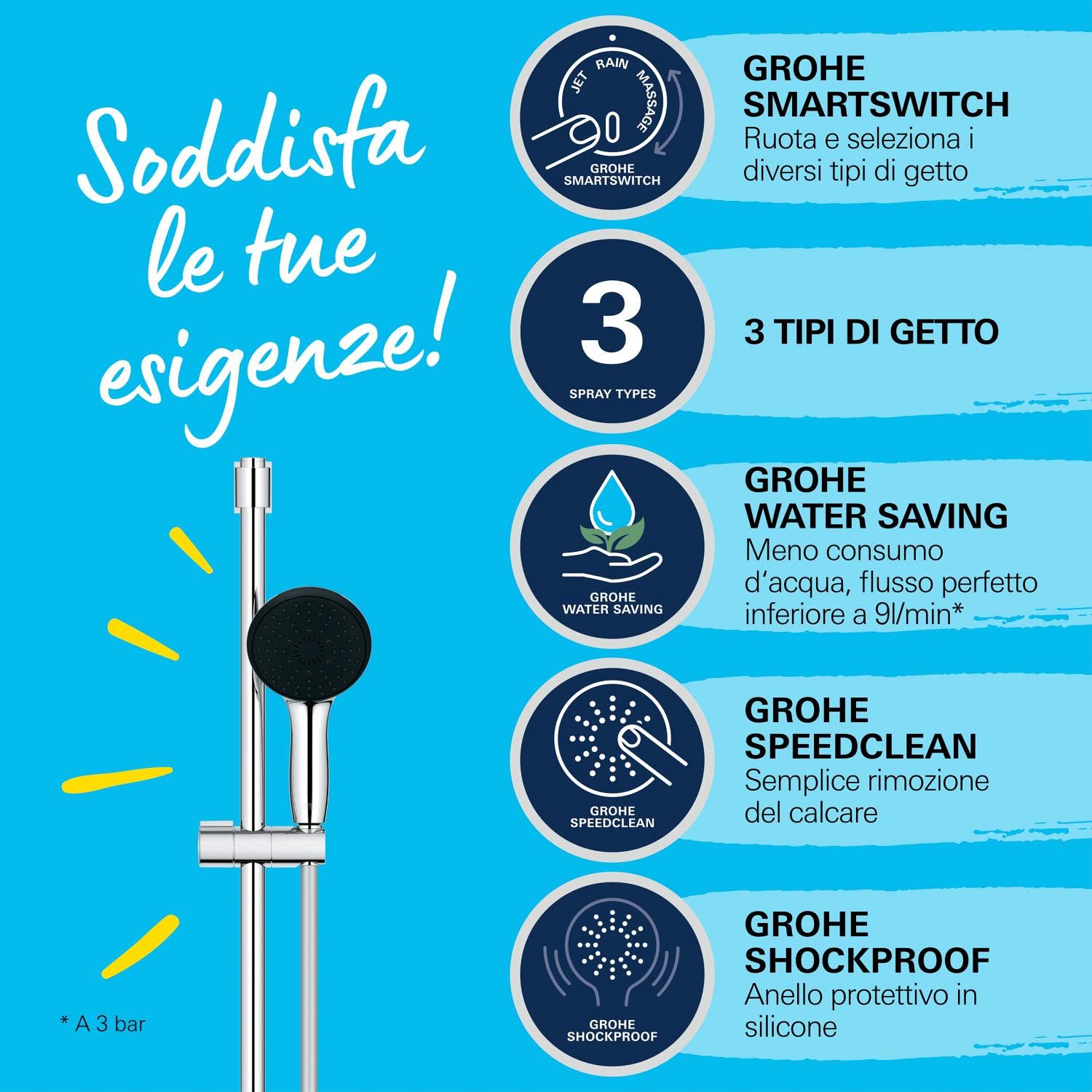 GROHE Vitalio Start 110 Set Saliscendi Doccia (3 getti Rain Jet Massage, asta 600 mm, flessibile 1,75 m, SpeedClean anticalcare), Cromo, 26032001