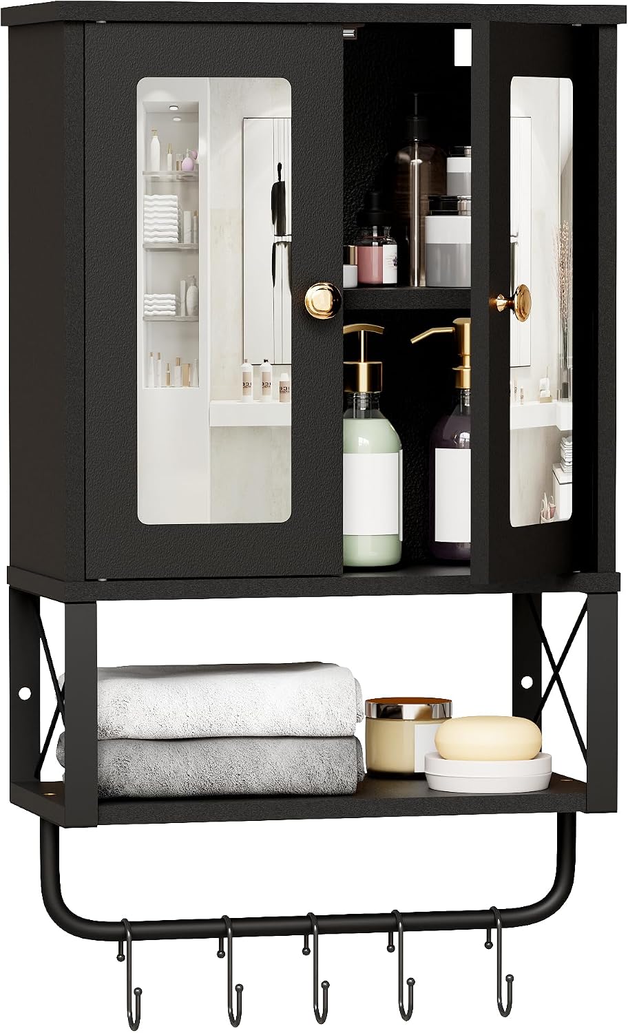 Botiquín para baño con espejo y barra para toallas BEWISHOME, negro | Armario de pared con estantes ajustables y gancho para toallas, ideal sobre el inodoro, 7,1 x 15,4 x 24,4 pulgadas miniatura 1