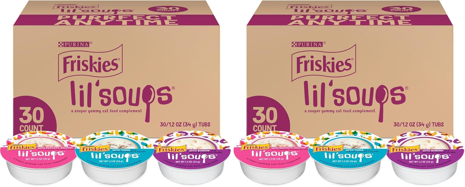 Friskies Purina Grain Free Wet Cat Food Lickable Cat Treats Variety Pack,Lil' Soups with Salmon,Tuna or Shrimp - 1.2 oz. Cups,(Pack of 60)